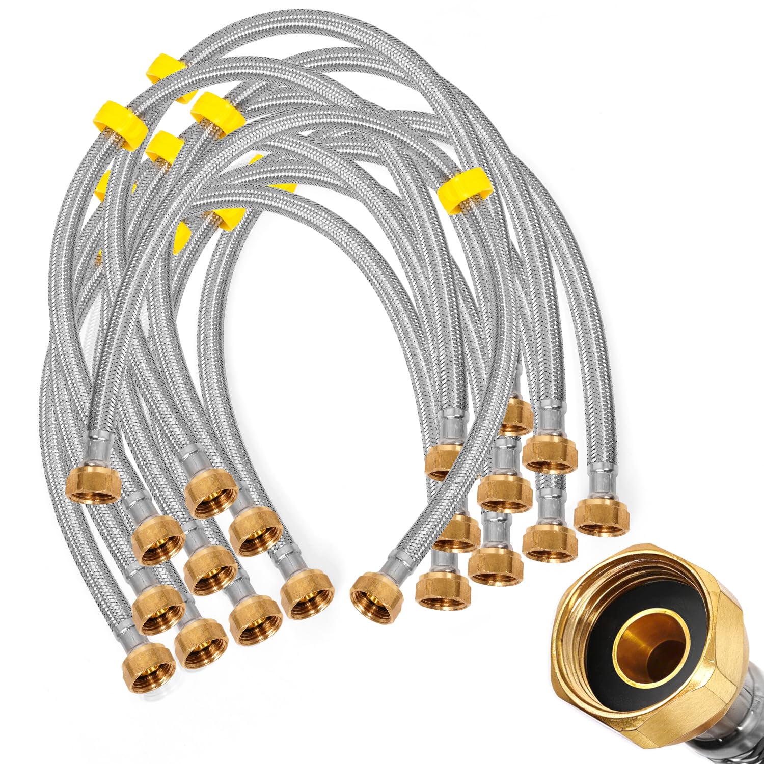 [Paquete de 10] Línea de suministro de grifo FIP de 24 pulgadas, 1/2 pulgada Comp x 1/2 pulgada, manguera de agua trenzada de acero inoxidable, conector flexible para fregadero de baño y cocina