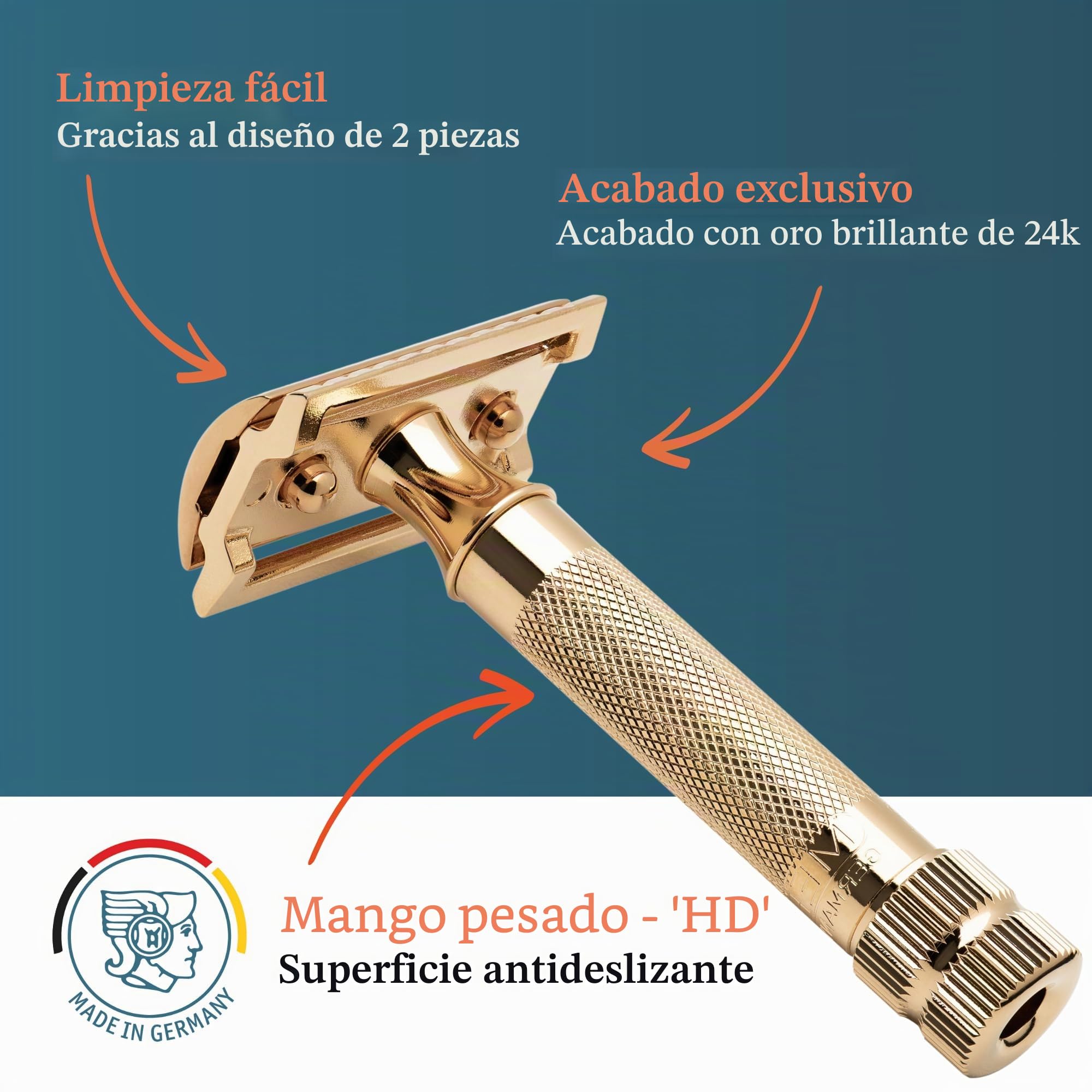 MERKUR Afeitadora de seguridad 34G | Mango compacto dorado brillante | Afeitadora de tres partes con corte recto | Peine cerrado | Ideal para afeitado húmedo | Zinc fundido a presión | Mango de latón