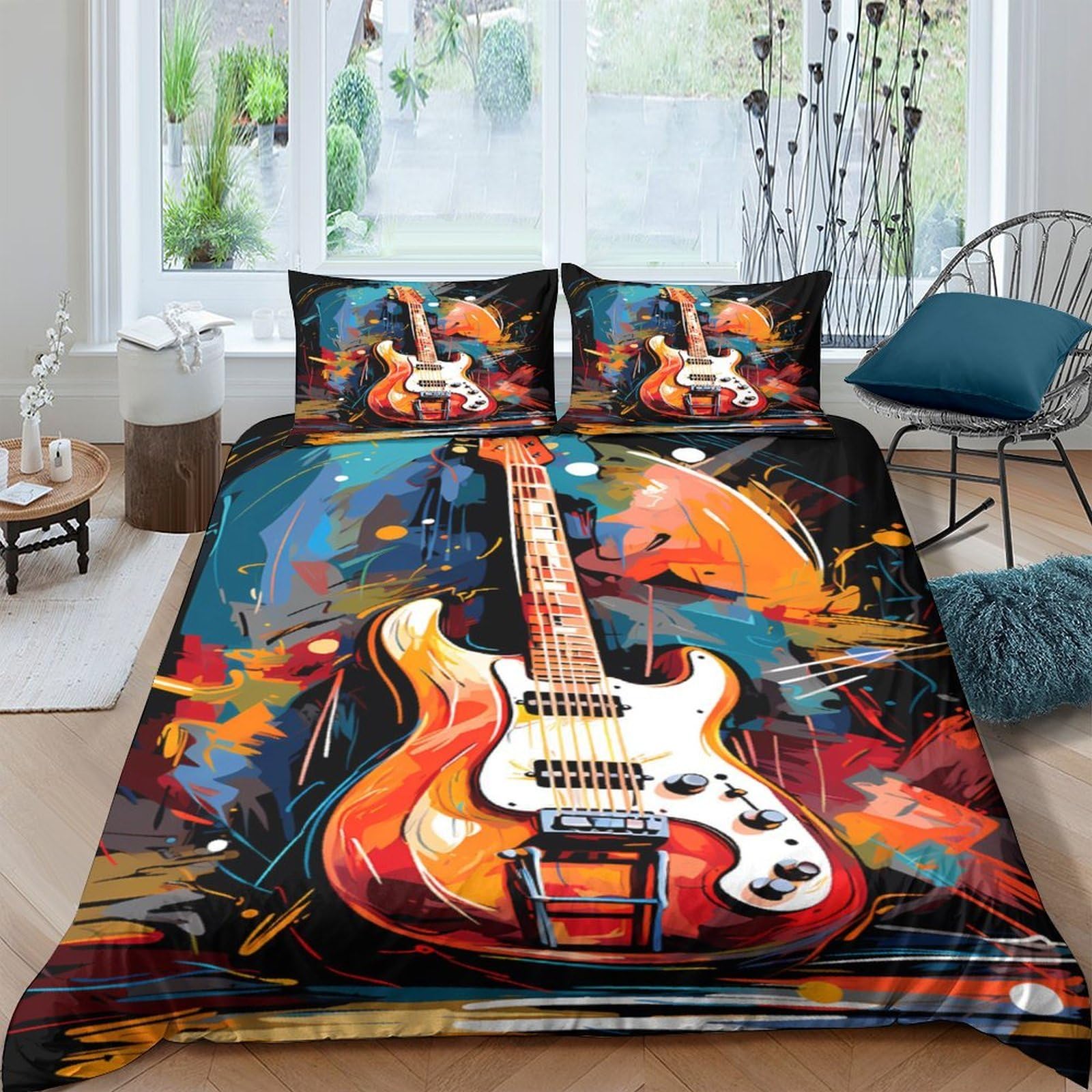Ctjqhvkz Style-6 3D Printed Electric Guitar Fitted Sheet Microfiber Vibrant Abstract Bed Cover For Bedroom Guest Room Decor Mattress Protection Single（135X200cm）