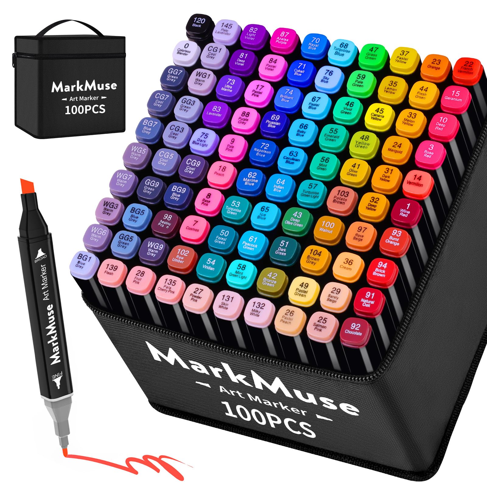 MarkMuse Rotulador de 100 Colores, Rotulador Doble Punta 2S Secado Rápido, Rotuladores Alcohol Permanent con Bolsa de Almacenamiento y Espaciador para Bocetos, Cómics, Colorear, Ilustrar, Esbozar