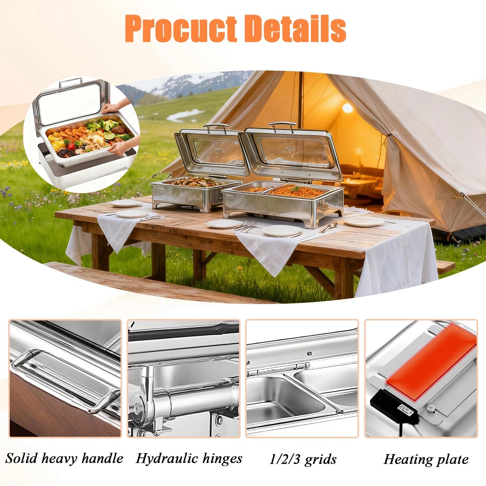 Chafing Dish Elettrico, 9L Scaldavivande Elettrico in Acciaio Inossidabile con Regolazione della Temperatura e Finestra Vetrata, Professionale Chafing Dish per Buffet, Ristorante(1/3)
