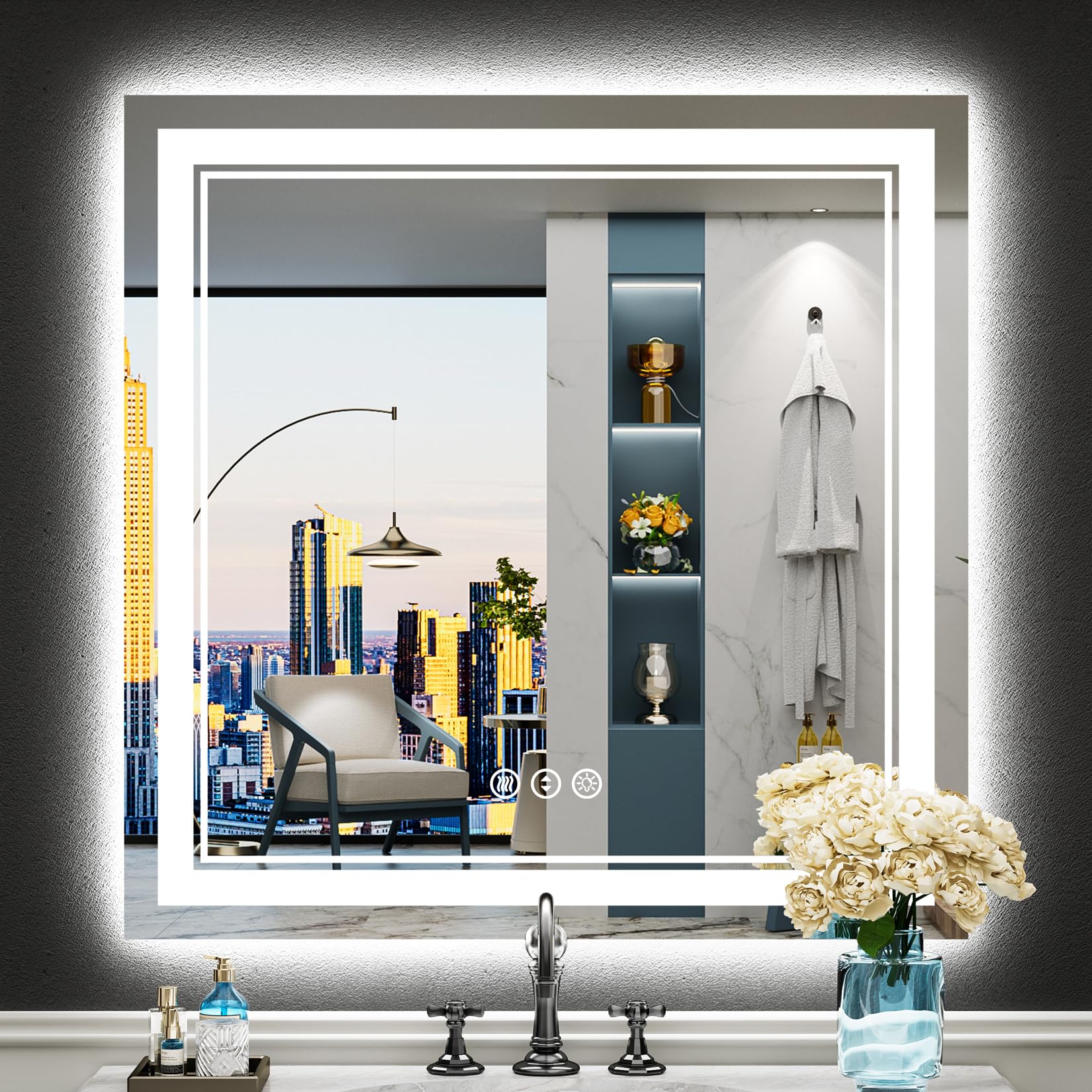 32x32 LED Bathroom Mirror with Lights, Backlit &amp; Front Lit Anti-Fog | Lighted Vanity Mirror, Dimmable, 3-Color Temp, Memory, CRI95, Tempered Glass, IP54 Waterproof, UL Listed, Horizontal/Vertical