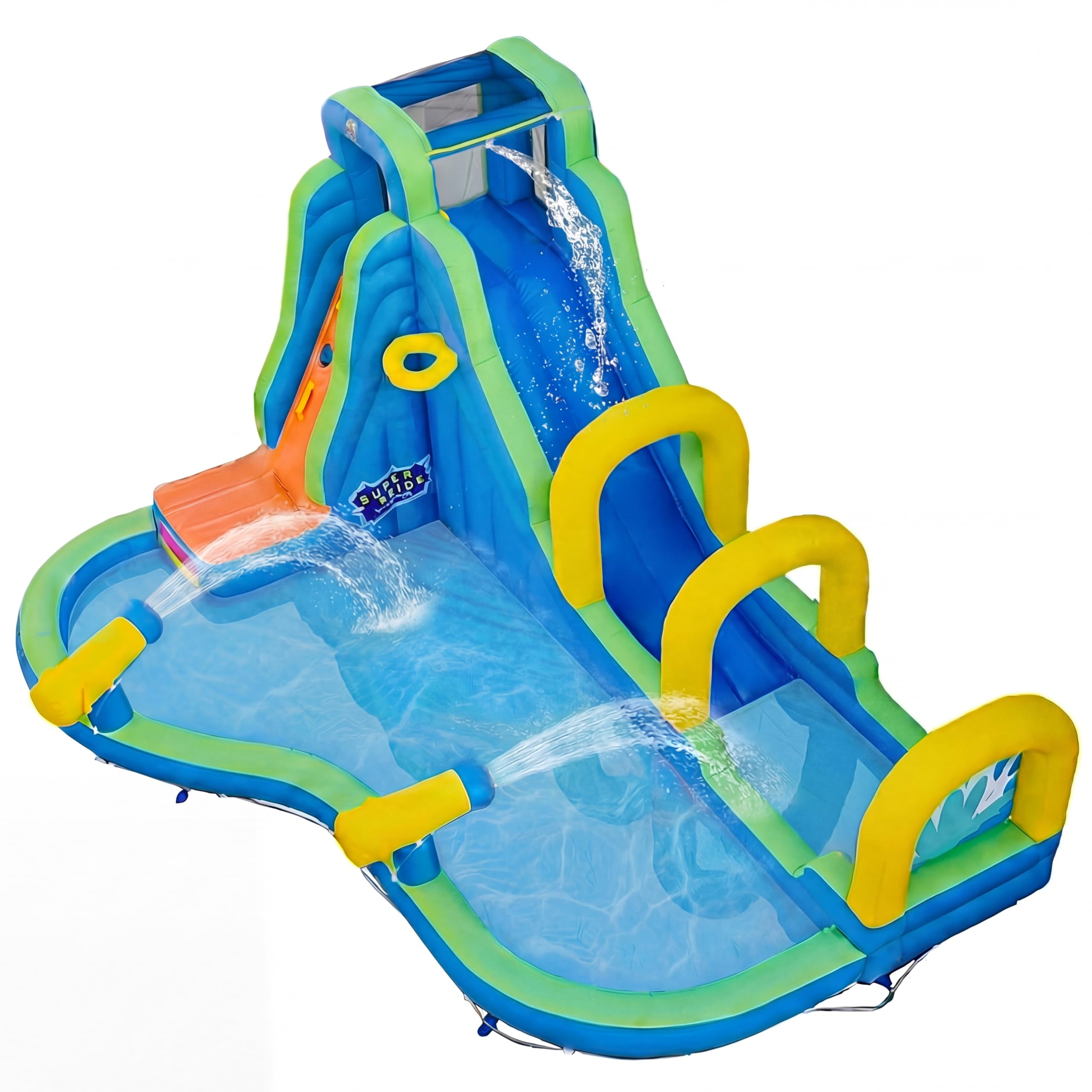 GIANTEX Castillo Hinchable Acuatico, con Tobogán Seco/Acuático, Roca de Escalada, Canasta de Baloncesto, Piscina y 2 Cañones de Agua, Castillo Hinchable Grande para Exterior, 465 x 345 x 242 cm