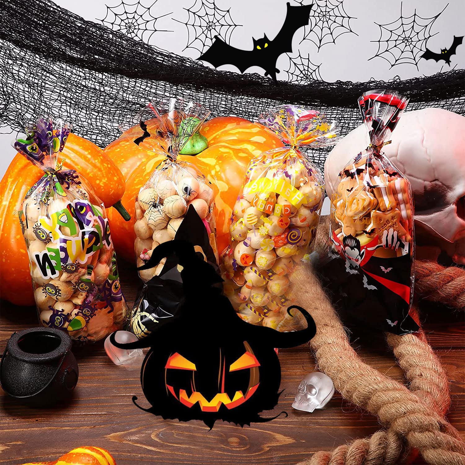 Darryy 100 Pcs Sachet Bonbons Halloween, Sachet Bonbons Anniversaire, Sac à Bonbons Transparent