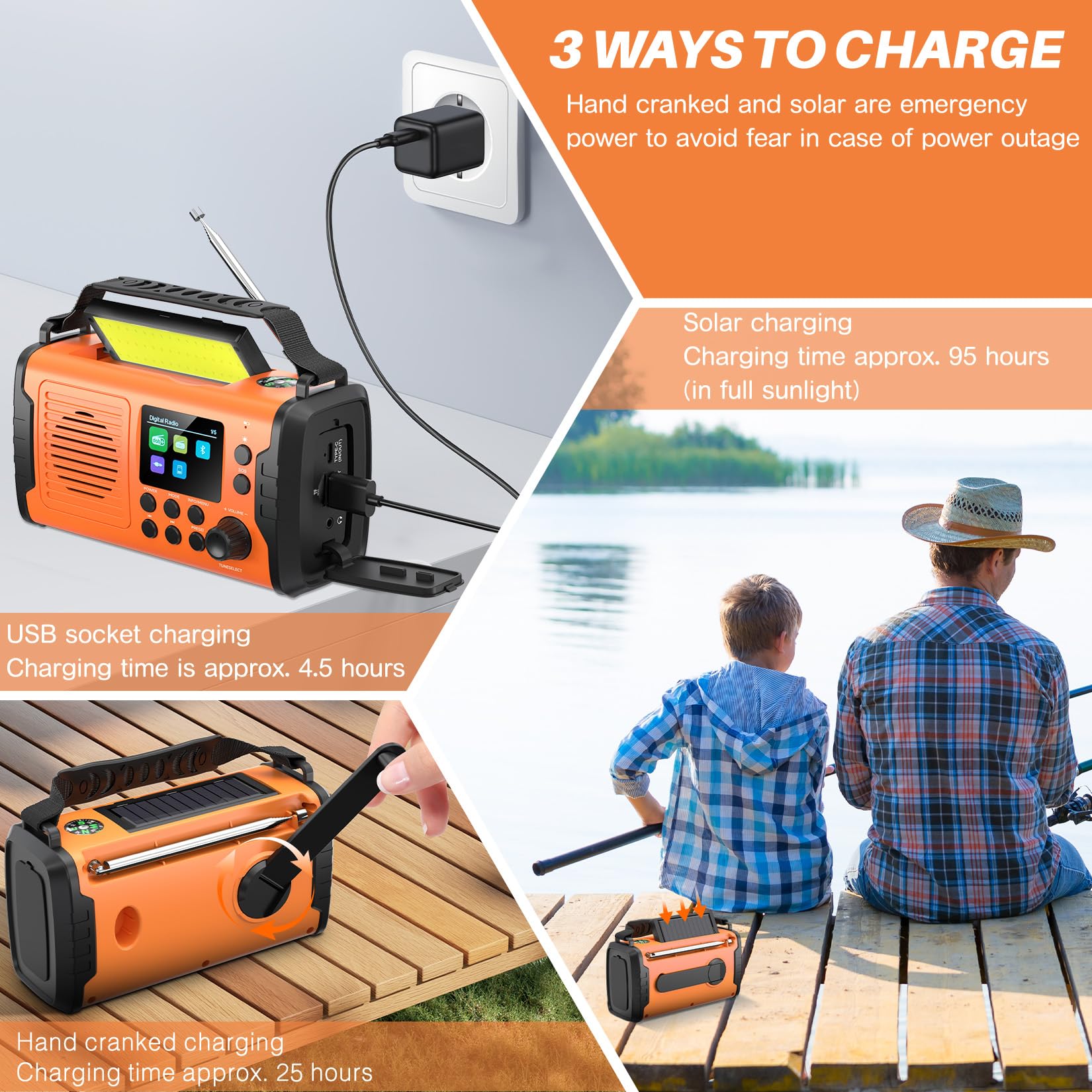 Radio A Manovella DAB+ FM 20000mAh Bluetooth Solare Emergenza con Sveglia, Torcia LED (Arancione)