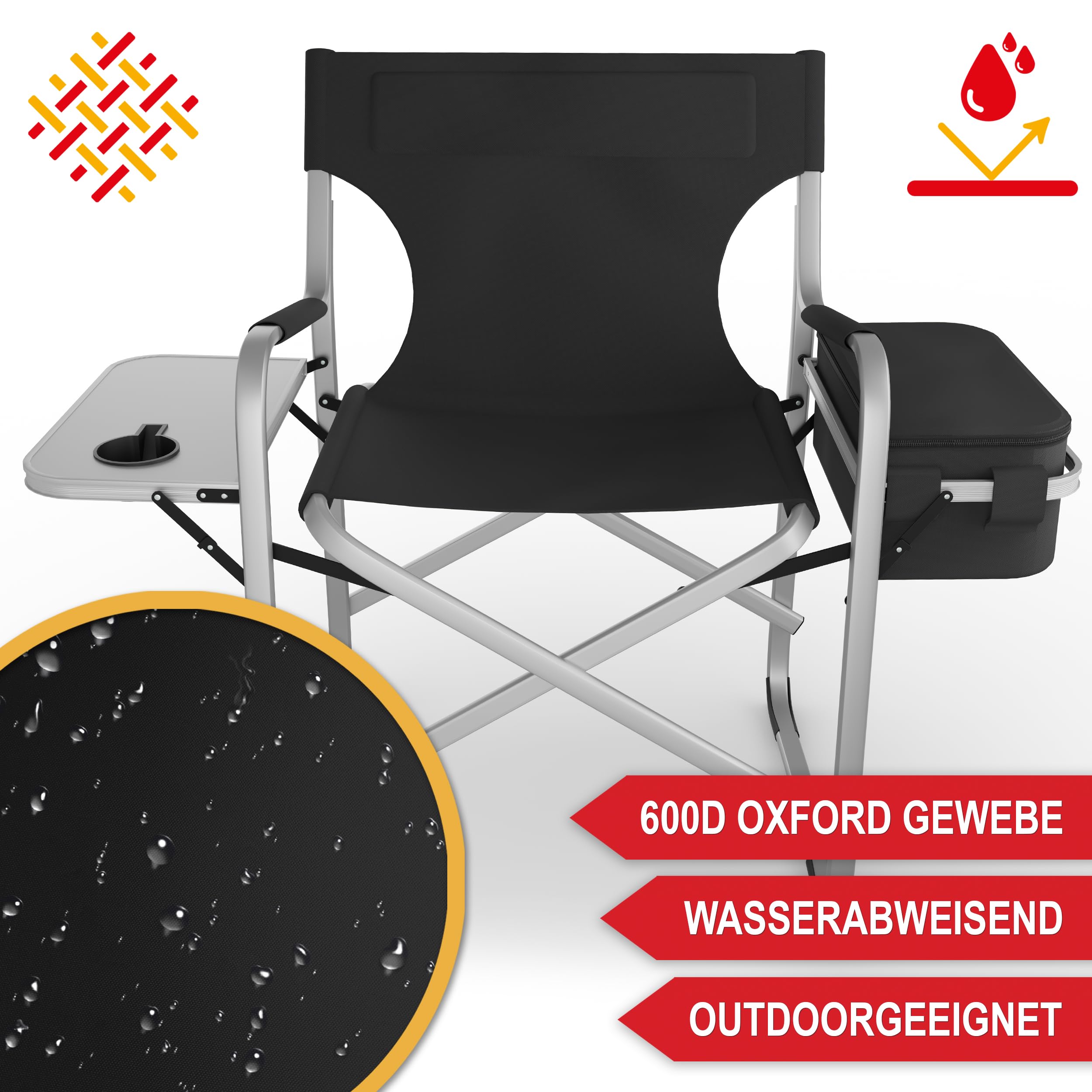Onbest Campingstuhl faltbar – mit Kühlfach & Klapptisch, Schwarz | Bequem gepolsterter Klappstuhl bis 150 kg mit Getränkehalter & Tasche – kompakter Faltstuhl für Camping, Outdoor und Garten