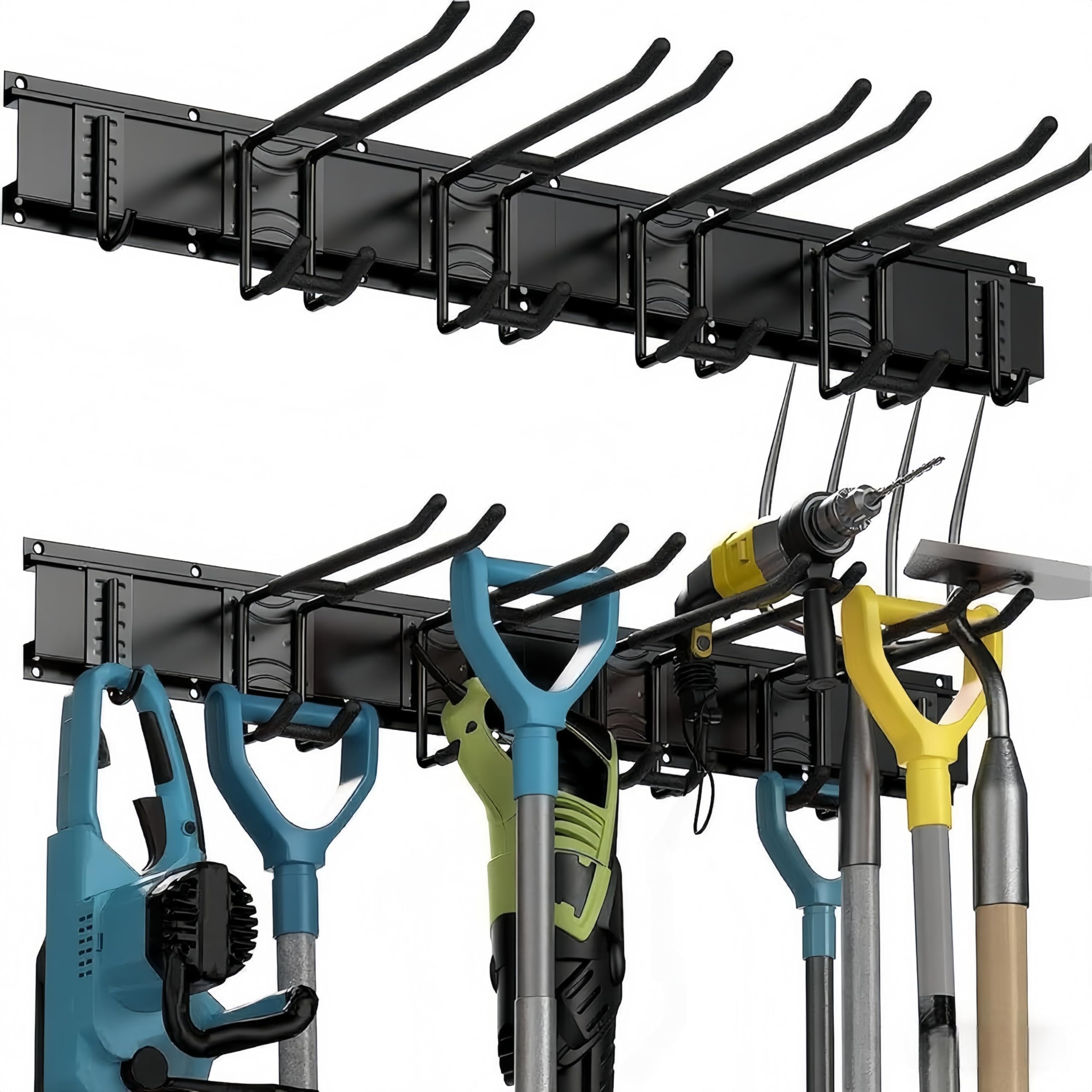 Porte Outils Mural Premium - Range Outils de Jardin avec 6 Crochets Réglables, Support Balais Mural pour Garage/Jardin - Organisation du Garage en Acier Robust