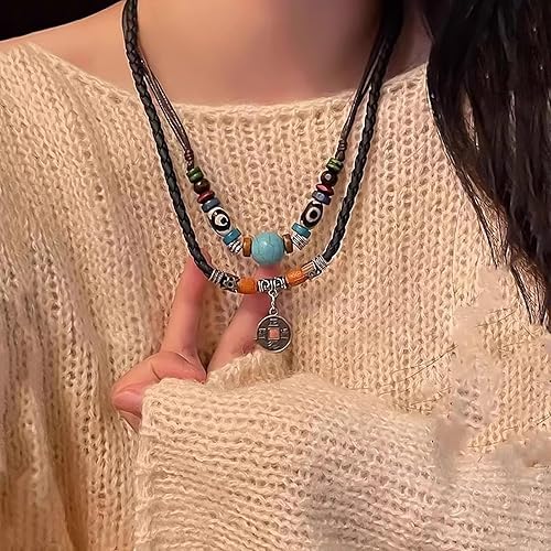 Miniatura 6 de HETICA Gargantilla de cuentas de madera boho en capas occidentales, collar trenzado de flores en forma de corazón, cordón de cáñamo ajustable,