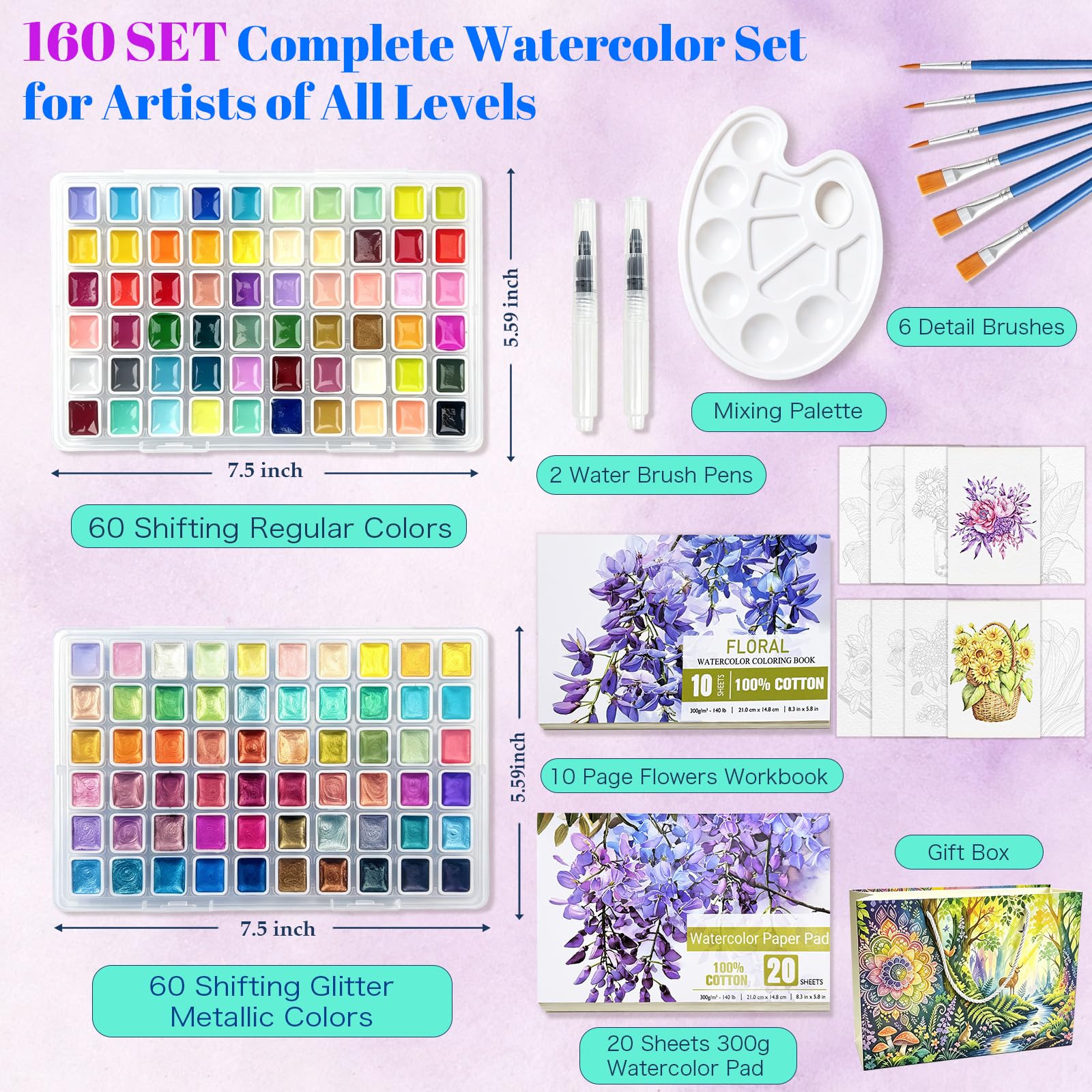 Set di 120 colori ad acquerello con 10 libri da colorare ad acquerello