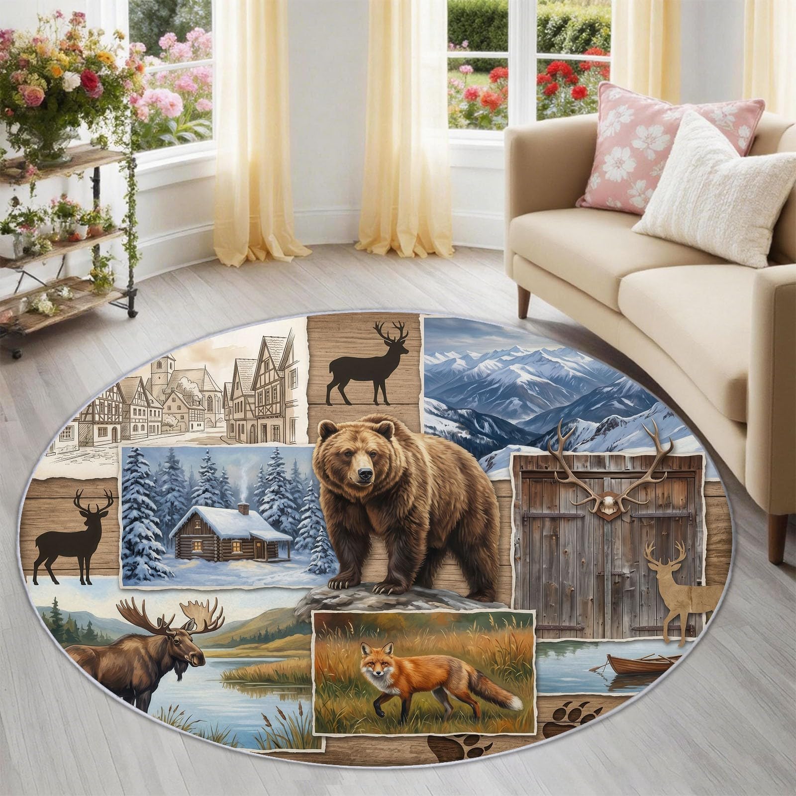 Tapis rond en flanelle bleue de 90 cm au style rustique vintage