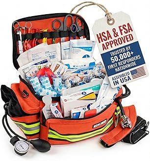 Scherber First Responder Fully-Stocked Professional Essentials EMT/EMS Trauma Kit | HSA/FSA Approved | Reflective Bag w/8 Zippered Pockets & Compartments & 200+ First Aid Supplies - Orange