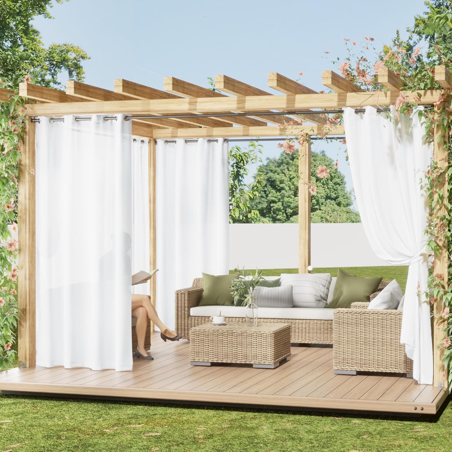 PONY DANCE Outdoor Vorhang Weiss Halbtransparent 2er Set H 213 x B 132 cm Outdoor Gardinen Wasserdicht Terrasse Vorhänge mit Ösen Outdoorvorhänge für Balkon &amp; Pavillon