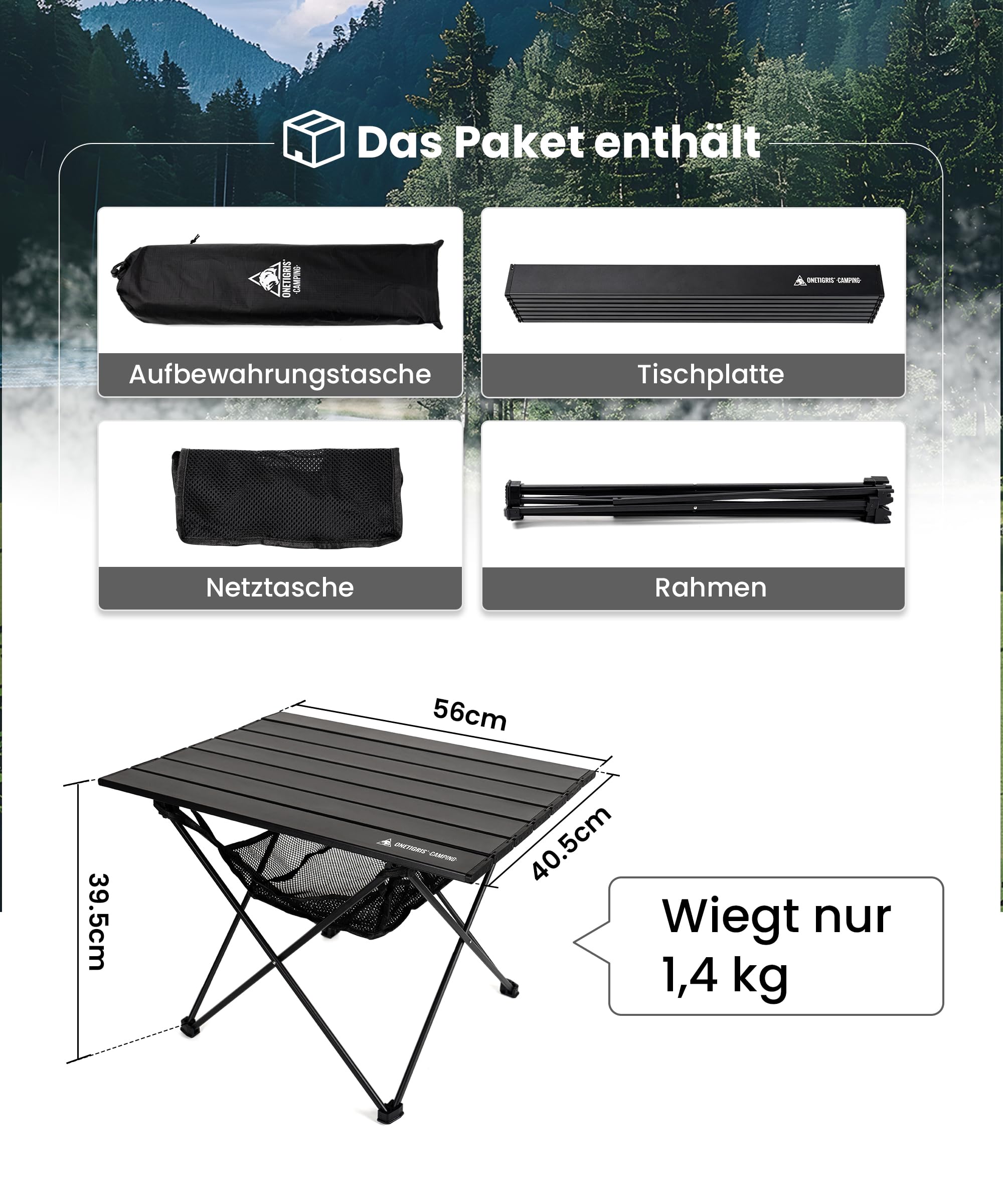OneTigris SWIFLY Campingtisch Alu faltbar, Klapptisch klein faltbar, Outdoor Tisch Ultraleicht tragbarer, Tisch klappbar, Tragfähigkeit bis zu 30 kg für Outdoor, Wandern (56x40,5x39,5 cm)