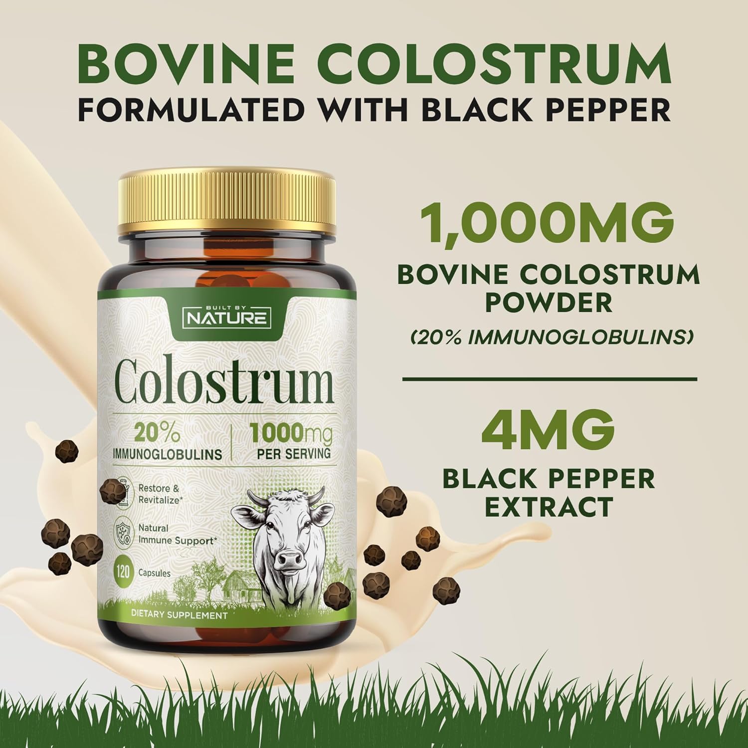 Built by Nature Colostrum Supplement, 120 Capsules - 1000mg Grass Fed Bovine Colostrum Powder from First Milkings, 20% IgG Immunoglobulins – Gut Health, Immune Support, Hair & Skin Wellness - Image 3