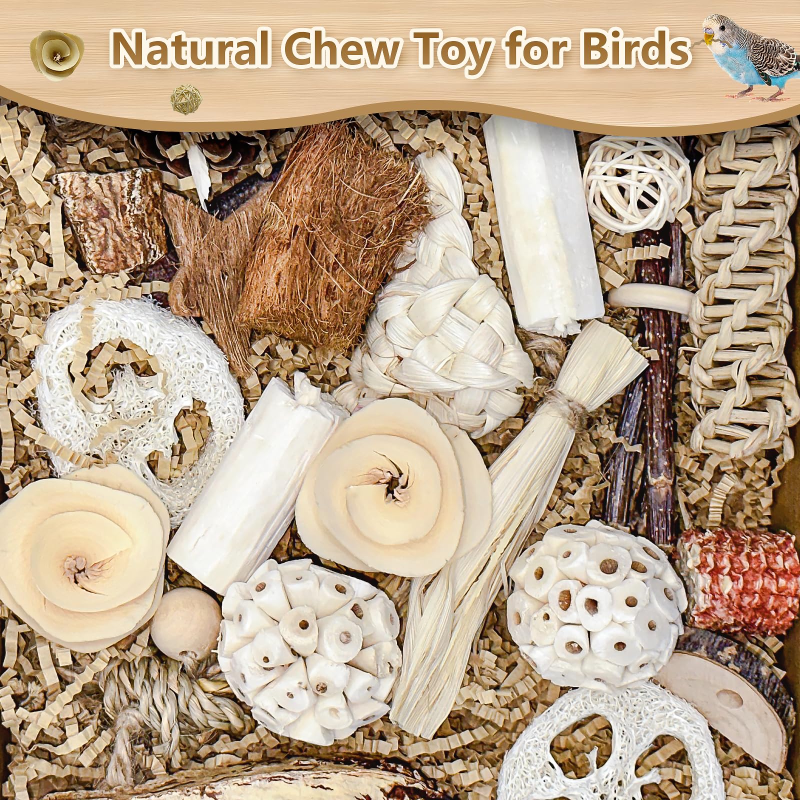 Juguete Natural para pájaros, Caja de Juguetes para triturar Loros, Juguetes para Masticar cacatúa, Periquito, Periquito, pájaros pequeños y medianos (Color Natural)