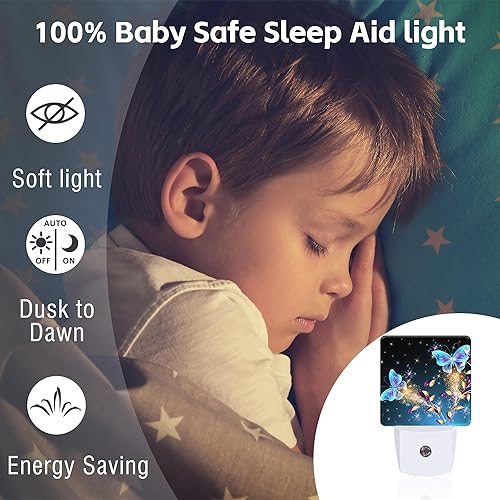 Miniatura 5 de Mariposas mágicas con flores luz nocturna enchufable a la pared, mariposa brillante con purpurina, luz nocturna del atardecer al amanecer, 0.5 W,