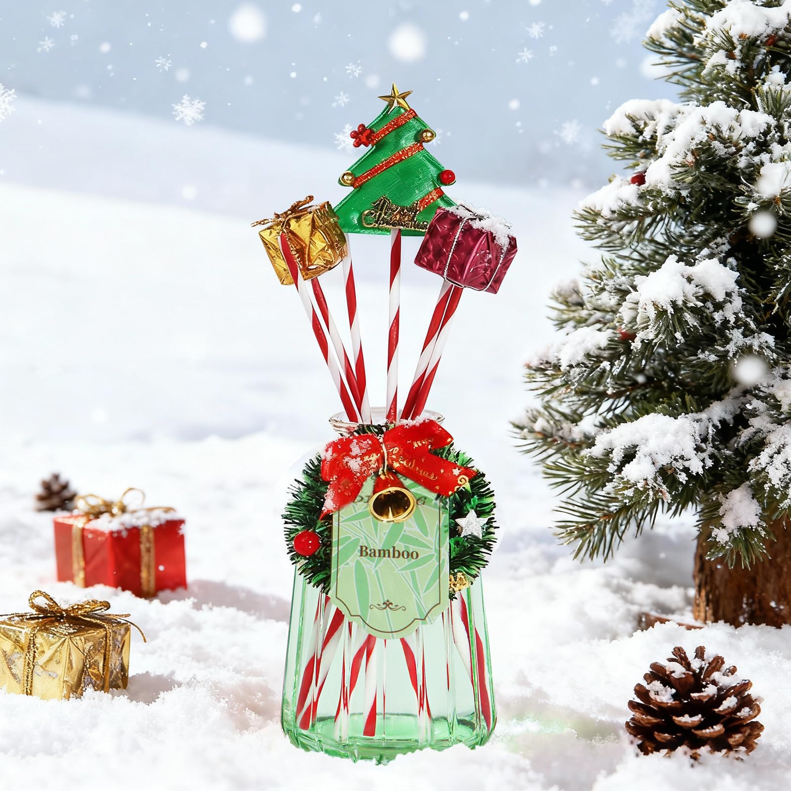 DIUFJAG 2 x 180 ml – Cedar/Bambù Cedro Bamboo Christmas Profumato per Ambienti con 12 Bastoncini,Natale Diffusore di Profumo per Camera da Letto,Ufficio,Bagno,Scaffale