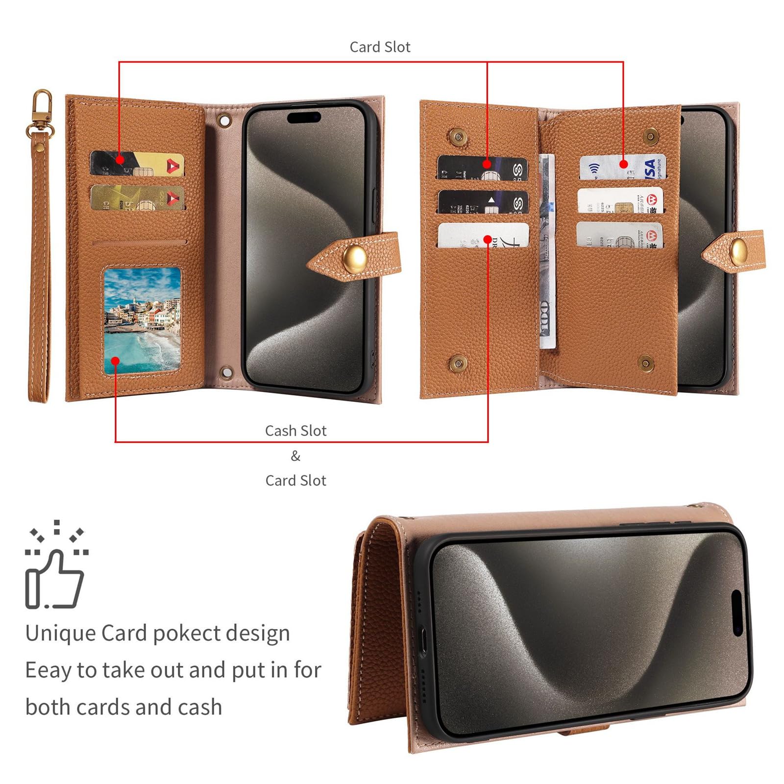 Etui portfelowe na iPhone'a 15 Pro Max/15 Pro/15, portfel z prawdziwej skóry, magnetyczne zamknięcie, z klapką, pełna ochrona z uchwytem na karty, odpinany pasek na nadgarstek, brązowy, 15