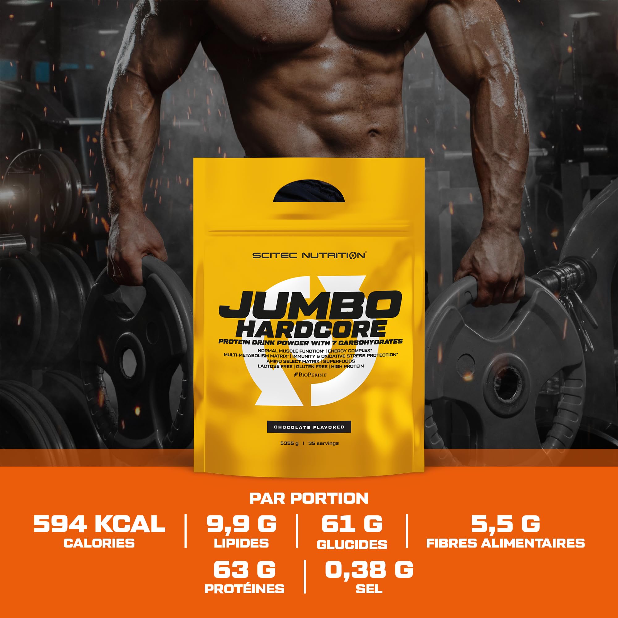 Scitec Nutrition Jumbo Hardcore - Gainer, matrice protéinée et glucidique | Riche en protéines - Superaliments - Créatine et acides aminés - Sans gluten ni lactose - 5355 g, Chocolat