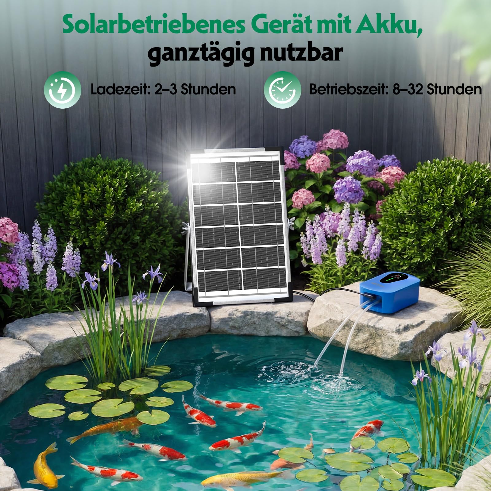 AMZtime 8 W Teichbelüfter Sauerstoffpumpe für Teich, Doppelpumpen Design Solar Sauerstoffpumpe mit Akku, Sauerstoff Luftpumpe 3 Modi 4 Luftsteine für Gartenteich, Angeln, Hydroponic