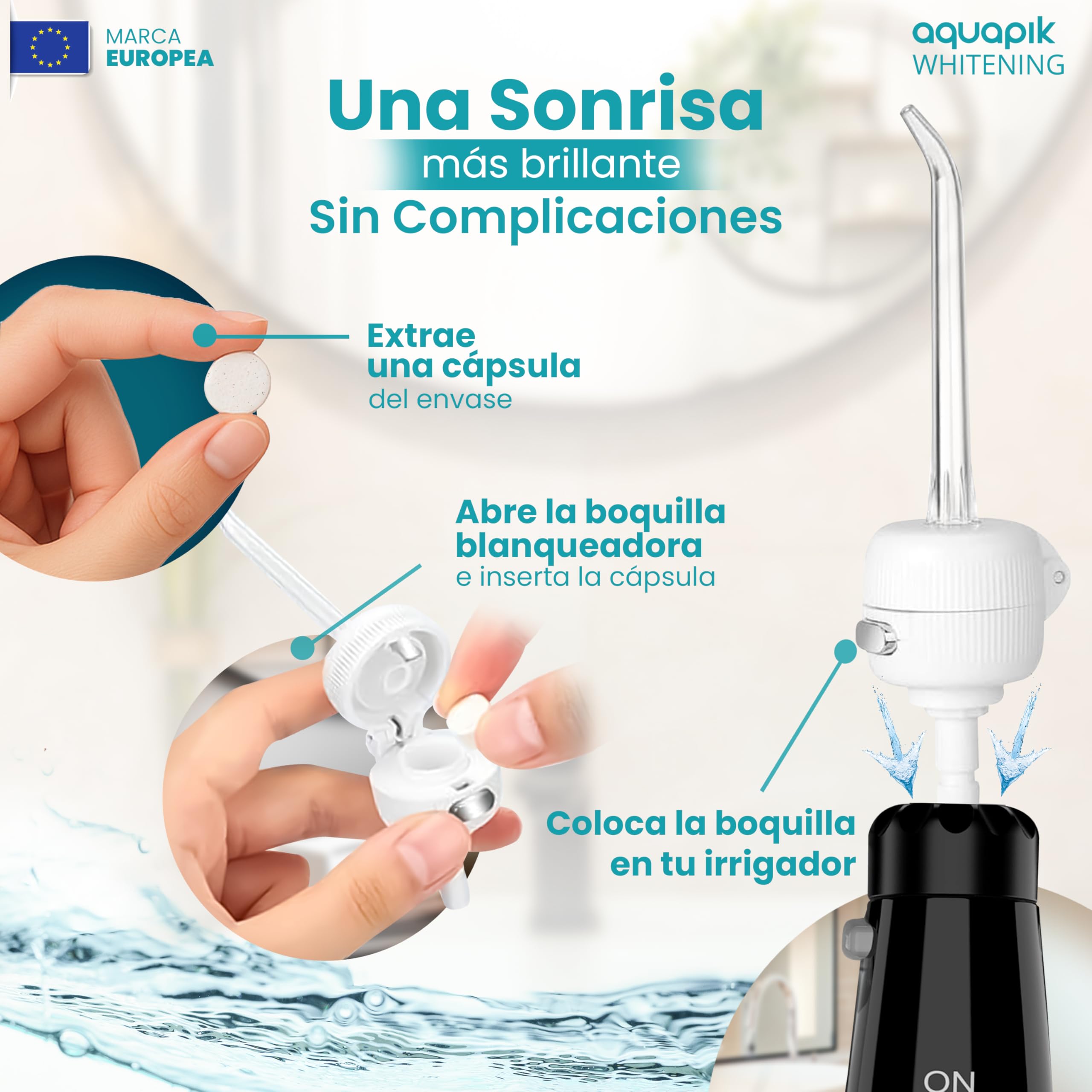Aquapik® ADVANCED irygator do jamy ustnej, idealny do ortodoncji, implantów i wrażliwych dziąseł, zestaw wybielający + 8 ust, 10 poziomów ciśnienia, zalecany przez dentystów (czarny)