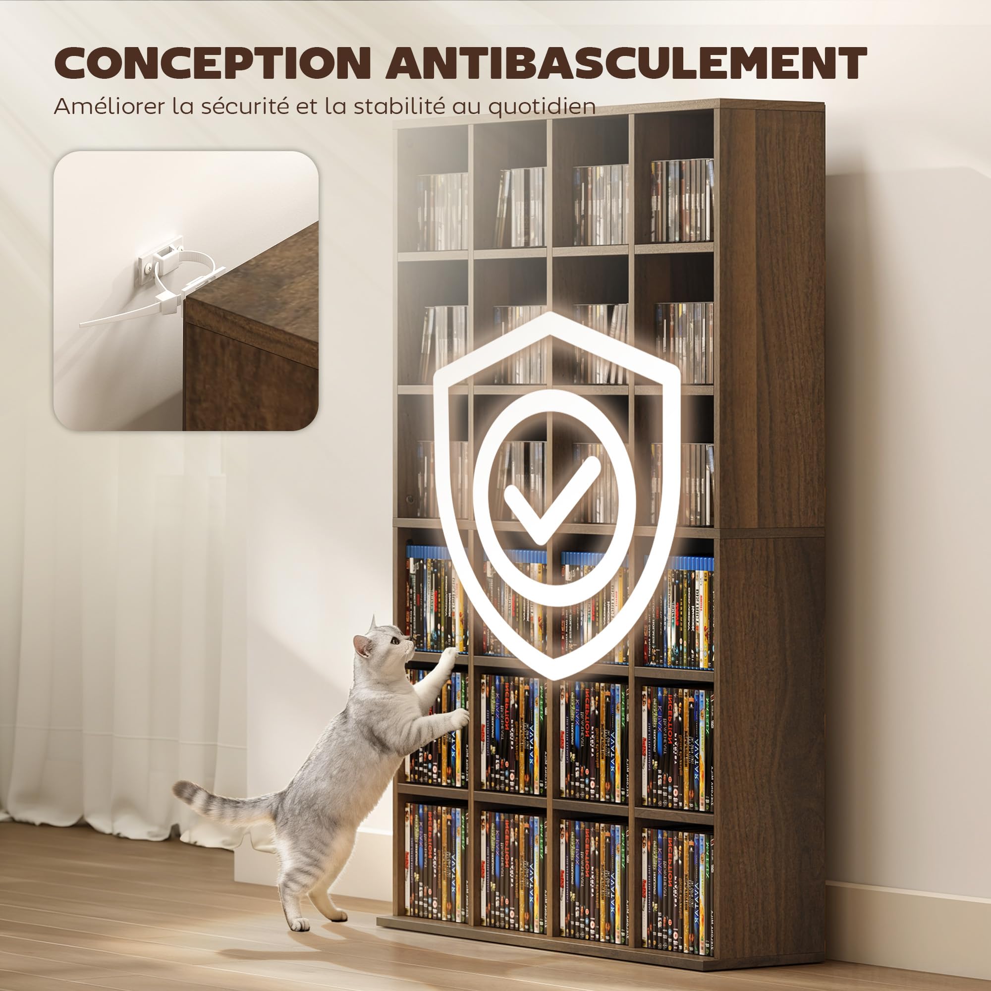 HOMCOM Contenitore per CD e DVD, scaffale di archiviazione, capacità massima 456 CD/336 DVD, 24 scomparti e ripiani regolabili, per ufficio, soggiorno, camera da letto, 89 x 20 x 130,5 cm, marrone