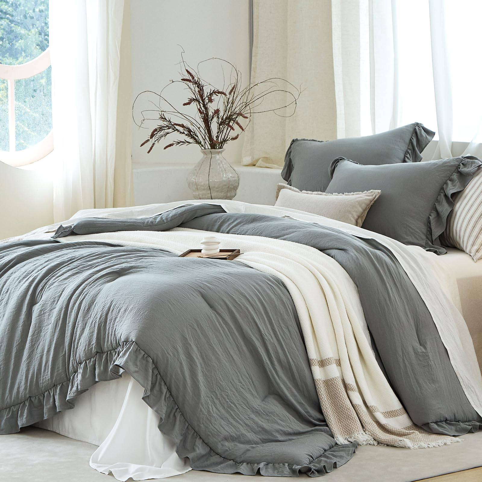 Grey Ruffle 3 Pieces Comforter Set Queen Shabby Chic Bedding Set