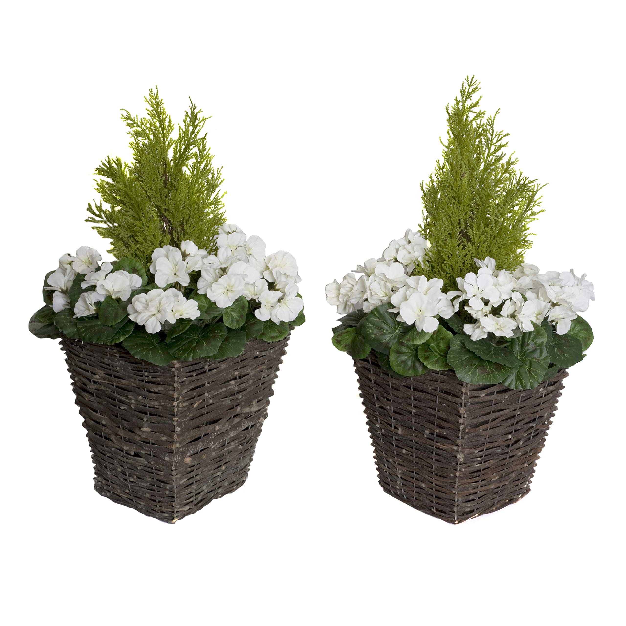 2x Artificial Rattan Patio Planters with White Geraniums and Cedar Topiary โ image 1