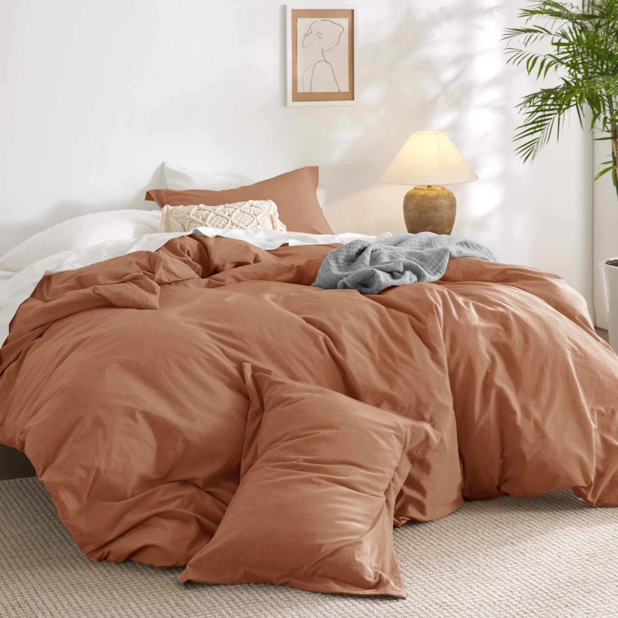 Bedsure 100% Washed Cotton Duvet Cover King Size - Sunburn Minimalist Cotton Duvet Cover Linen Like - 3 Pieces Plain Simple Cotton Duvet Cover Set with 2 Pillow Shams (Sunburn, King, 104"x90")