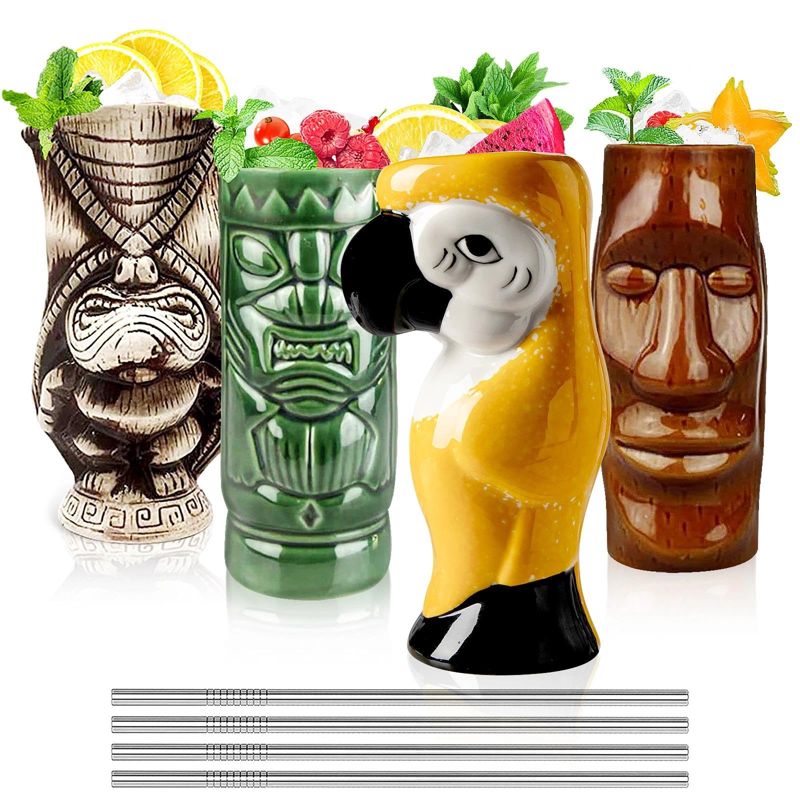 LINALL Cocktail Tiki Mugs Set of 4 - Large Ceramic Hawaiian Cocktail Mugs Drinkware, Cute Exotic Cocktail Glasses, Tiki Bar Professional Hawaiian Party Barware - TKSET0011