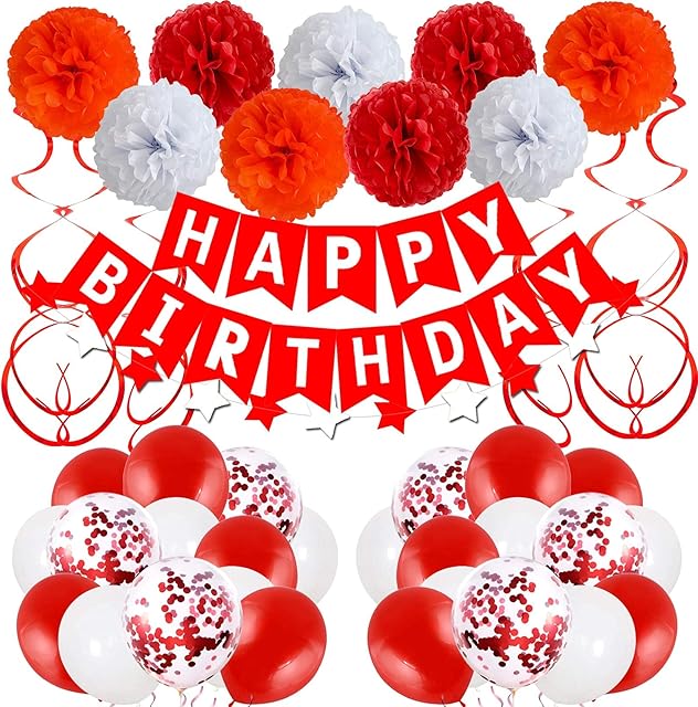 Birthday Decorations for Women Men Boys Girls Birthday Party Decoration Red and White Birthday Balloons Happy Birthday Banner Paper Pom Poms Latex Confetti Party Balloons Supplies for 18th 21st 30th
