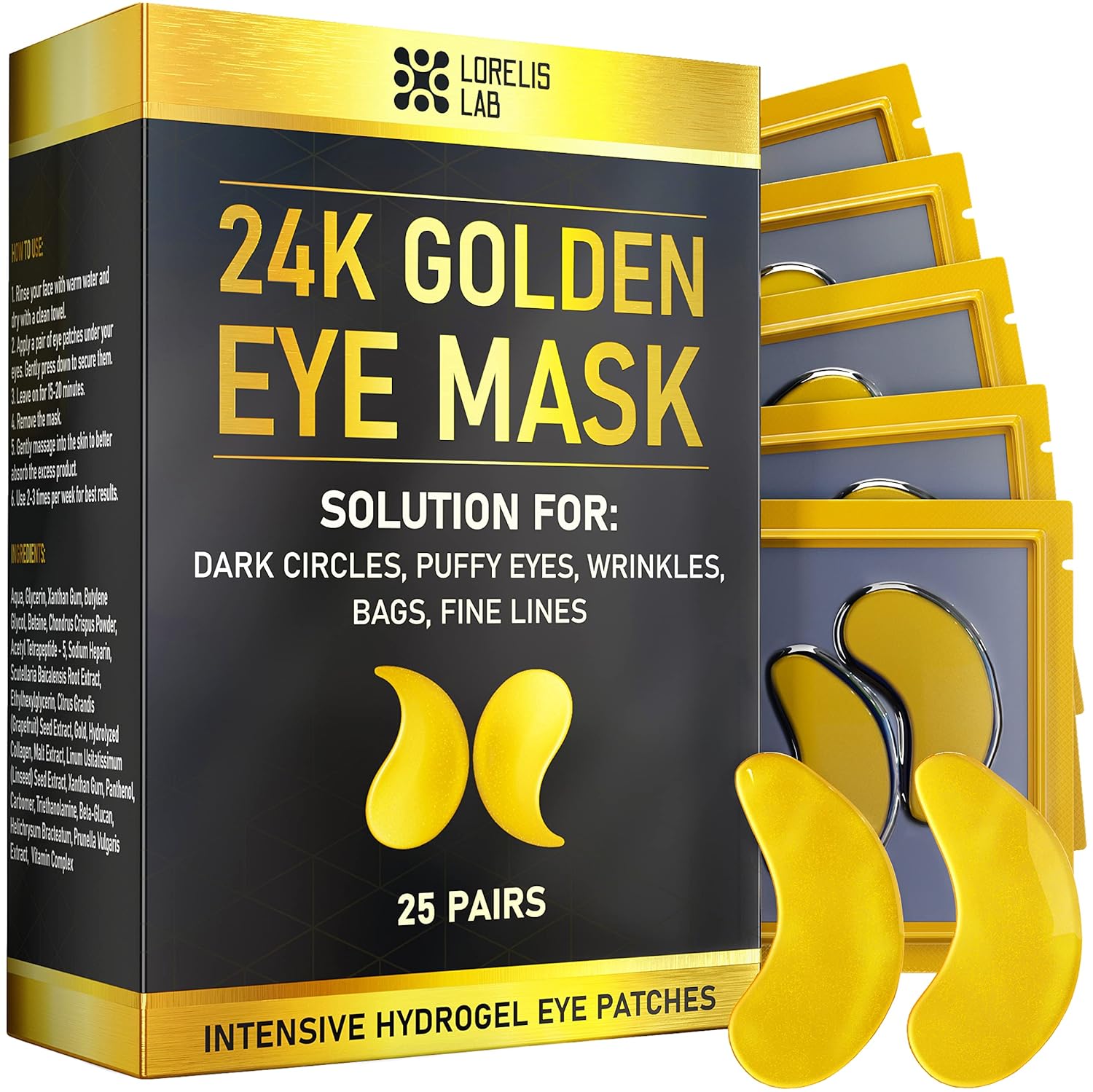24K Gold Under Eye Mask - 25 Pairs for Puffy Eyes, Dark Circles, Eye Bags, Puffiness with Collagen and Vitamins - Natural Anti-Aging Eye Pads - Hydrating Under Eye Patches - Golden Under Eye Gel Pads : Beauty & Personal Care