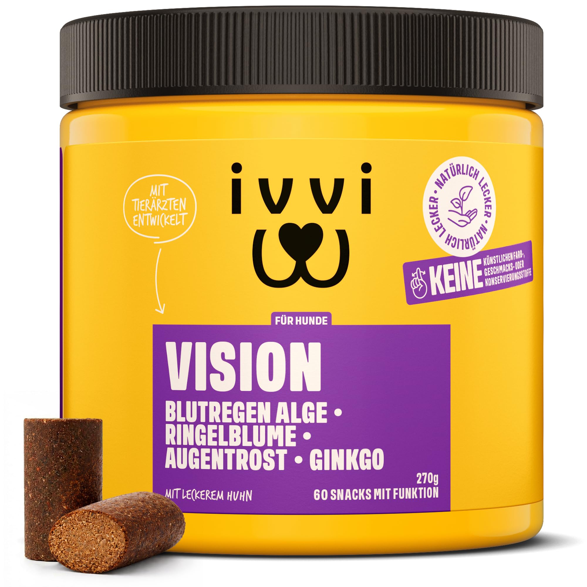 ivvi Vision – Augenpflege Snacks für Hunde | Mit DHA, Astaxanthin, Blaubeere & Augentrost | Unterstützt Augenkomfort & Netzhaut | 60 weiche Snacks (270 g)
