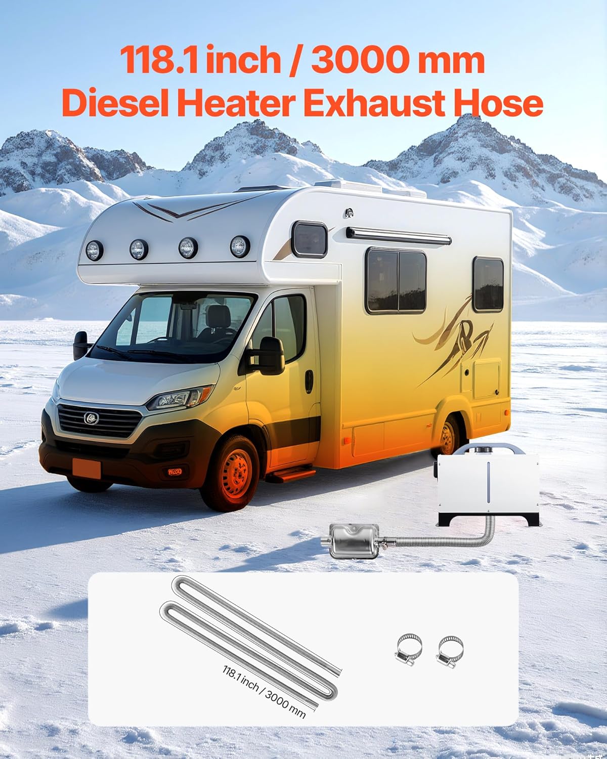 VEVOR Exhaust Hose, 118.1 inch Stainless Steel Exhausts Hose, Diesel Heater Flexible Exhaust Pipe with 2 Hose Clamps, Exhausts Hoses Kit Diesel Heater Accessories for 2KW 5KW 8KW Diesels Heaters