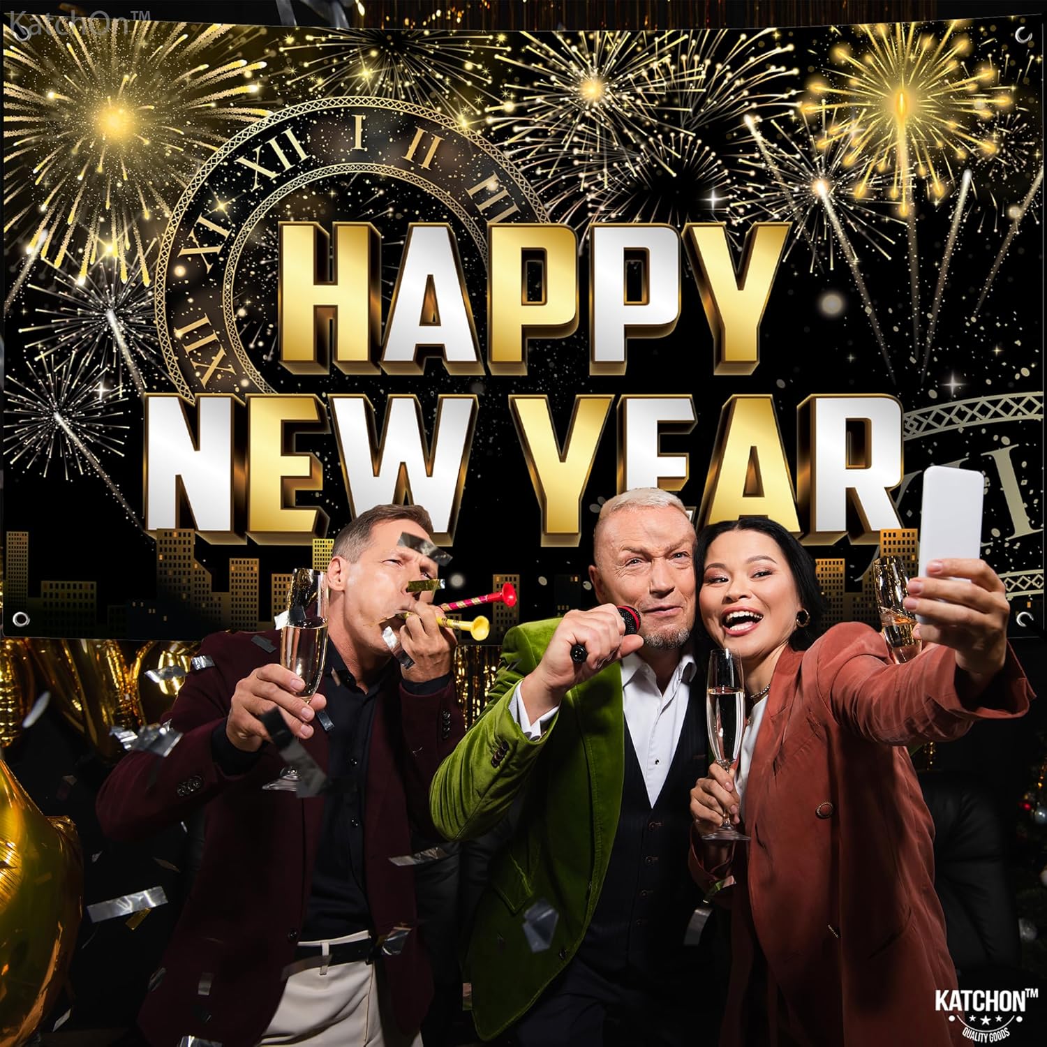 XtraLarge Happy New Year Banner - 72x44 Inch and Black and Gold New Years Decorations 2025 - Huge Pack of 115 | 2025 Balloons for Happy New Year Decorations 2025 | New Years Eve Party Supplies 2025