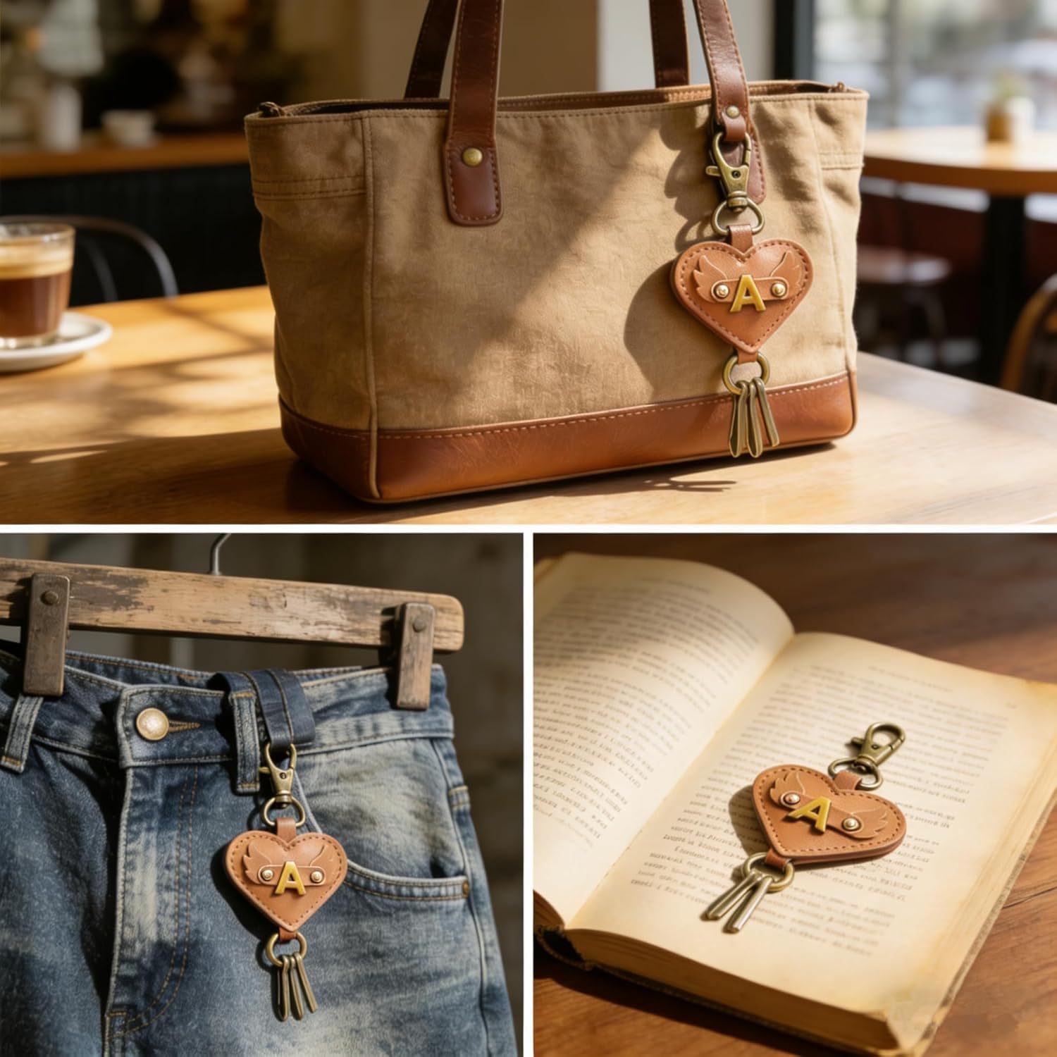 Initial Letter Brown Leather Alphabet Keychain with Easy Clasp,Retro Style Key Car Bag Key Ring Charm for Women - Image 6