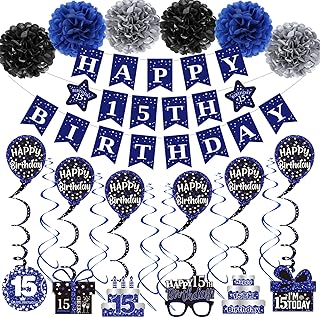15th Birthday Decorations for Boys Girls, Blue Happy 15th Birthday Banner Party Decorations, Fifteen Birthday Decor Supplies Double-Sided Card Pompoms Hanging Swirl for 15 Years Teenagers Gifts 45pcs