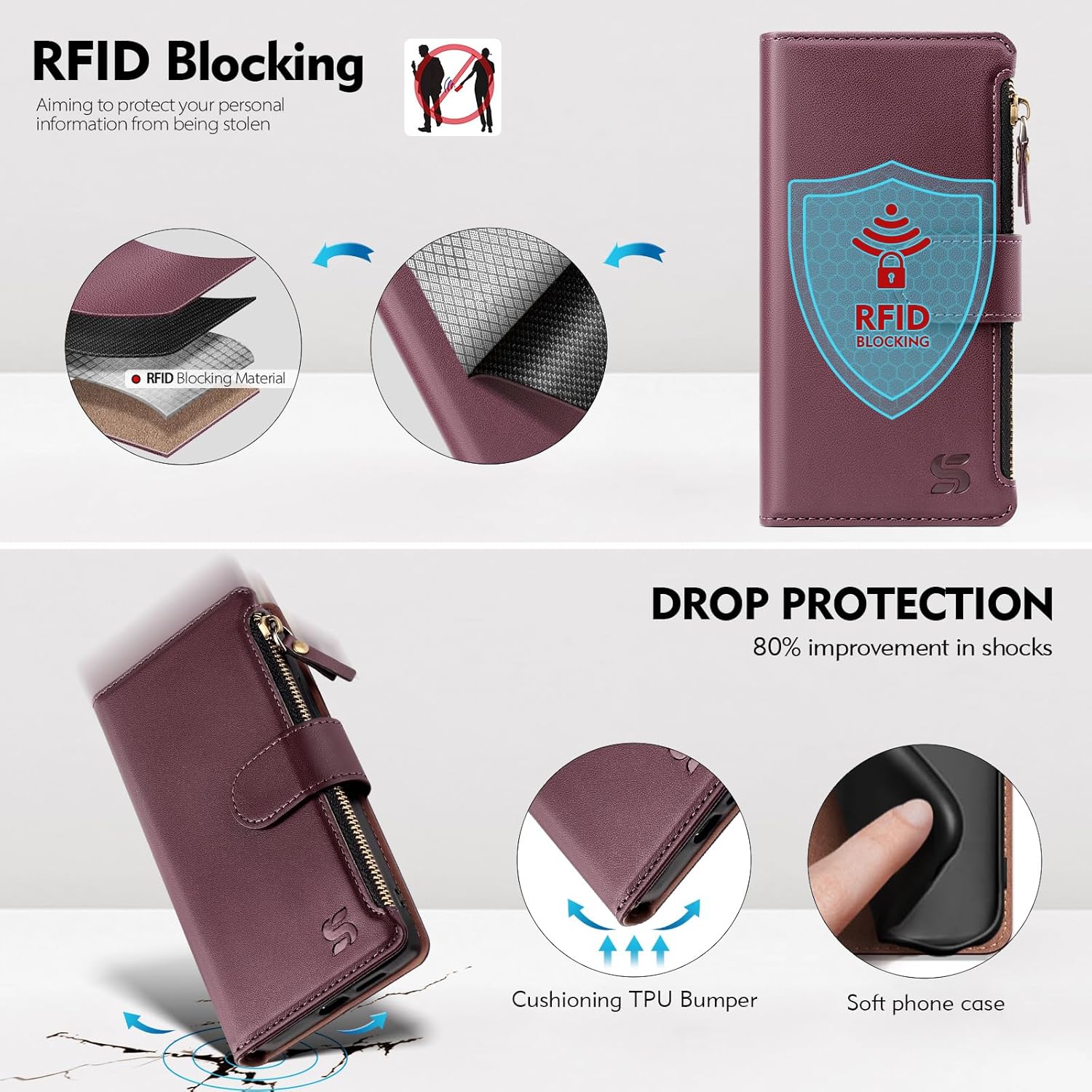 Compatible with Samsung Galaxy S25 Wallet Case with Card Holder,Women Men RFID Blocking PU Leather Flip Cover Wrist Strap Zipper Credit Card Slots,Phone Case for Galaxy S25 6.2",Wine Red - Image 4