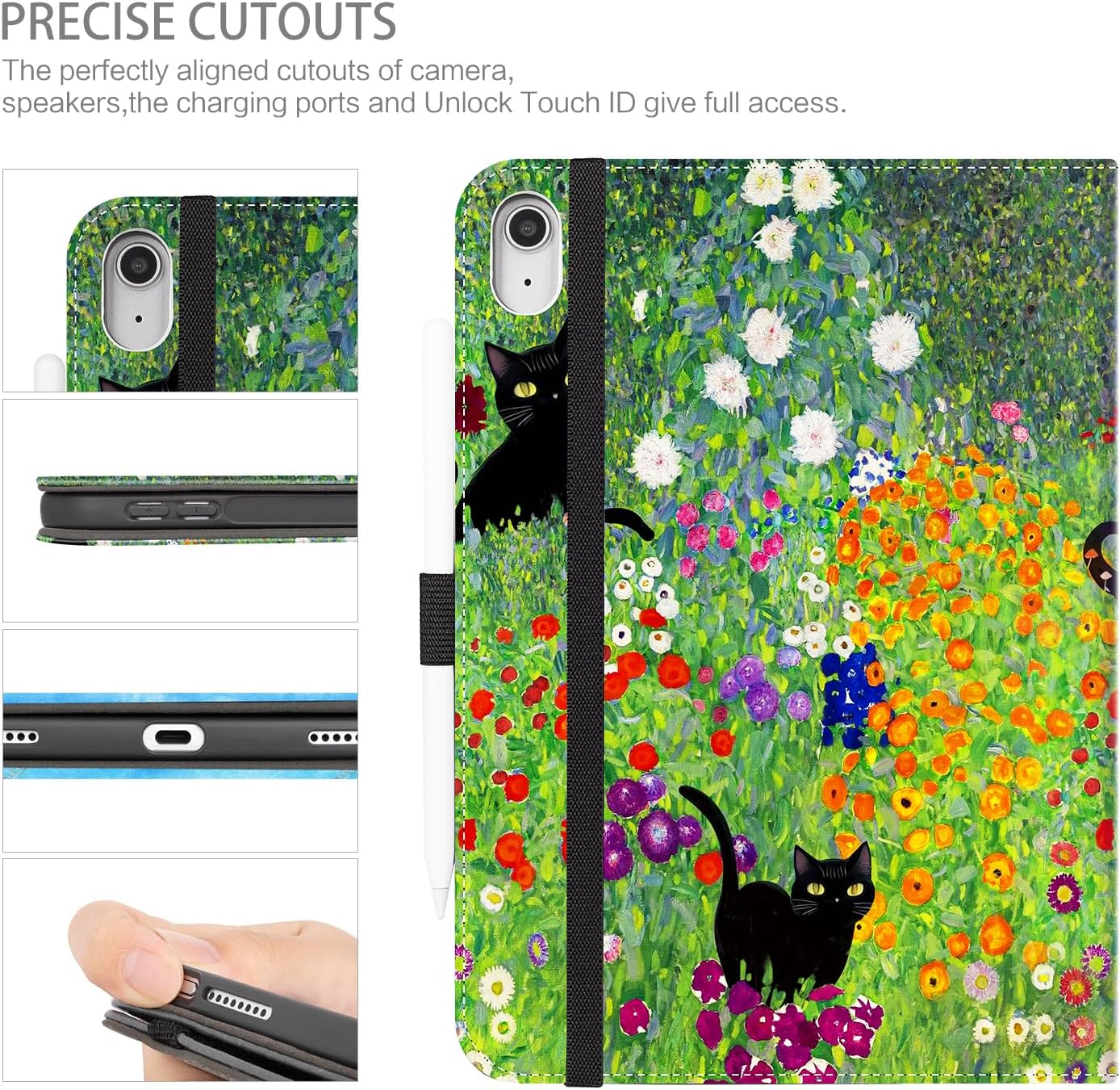 Case for iPad (A16) 11th Generation 2025, iPad 10th Generation Case with Pencil Holder Multi-Angle View Adjustable Stand Shockproof Protective with Pocket/Hand Strap/Auto Wake Sleep,Flower Garden Cat