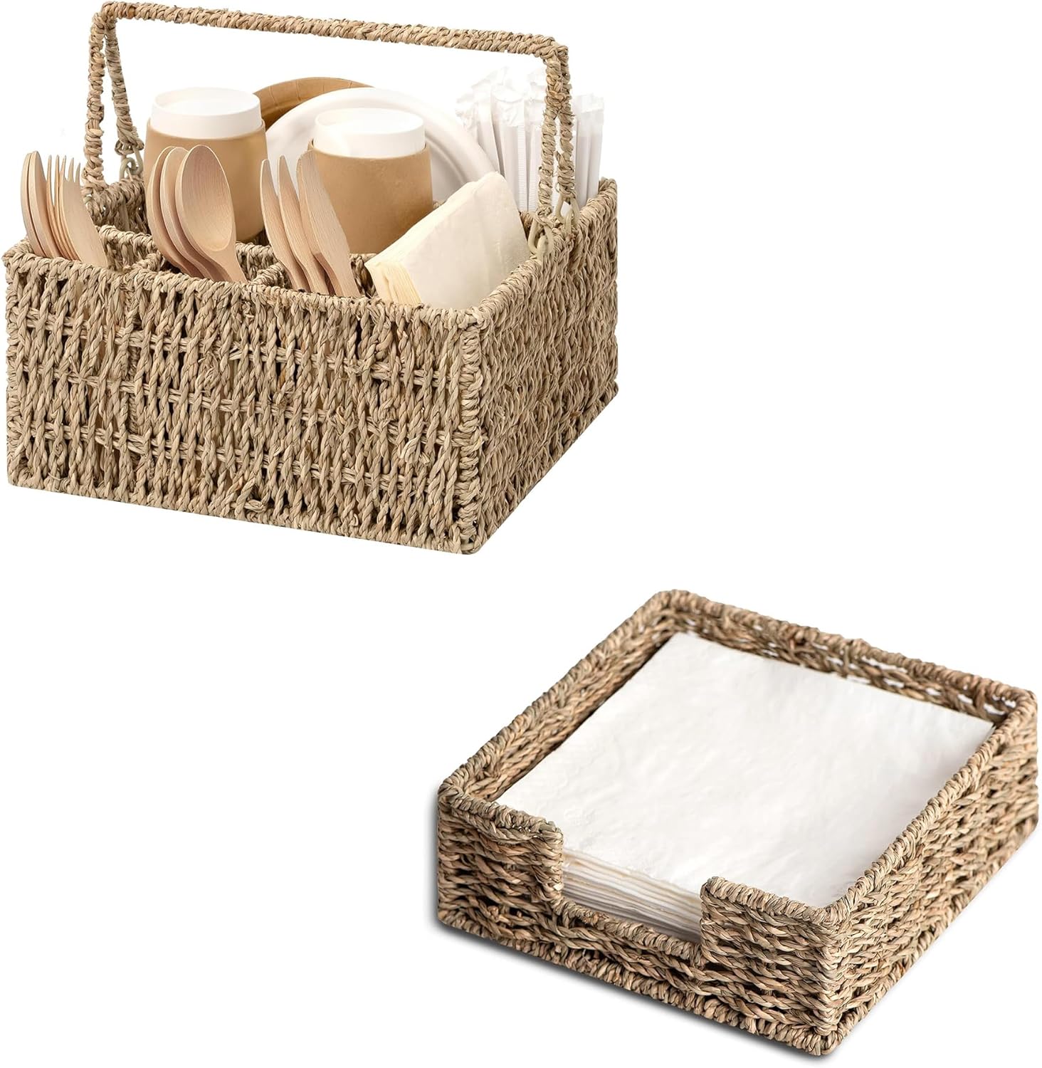 StorageWorks Bundle of 1-Pack Wicker Silverware Organizer with Handle & 1-Pack Seagrass Napkin Holder for Table