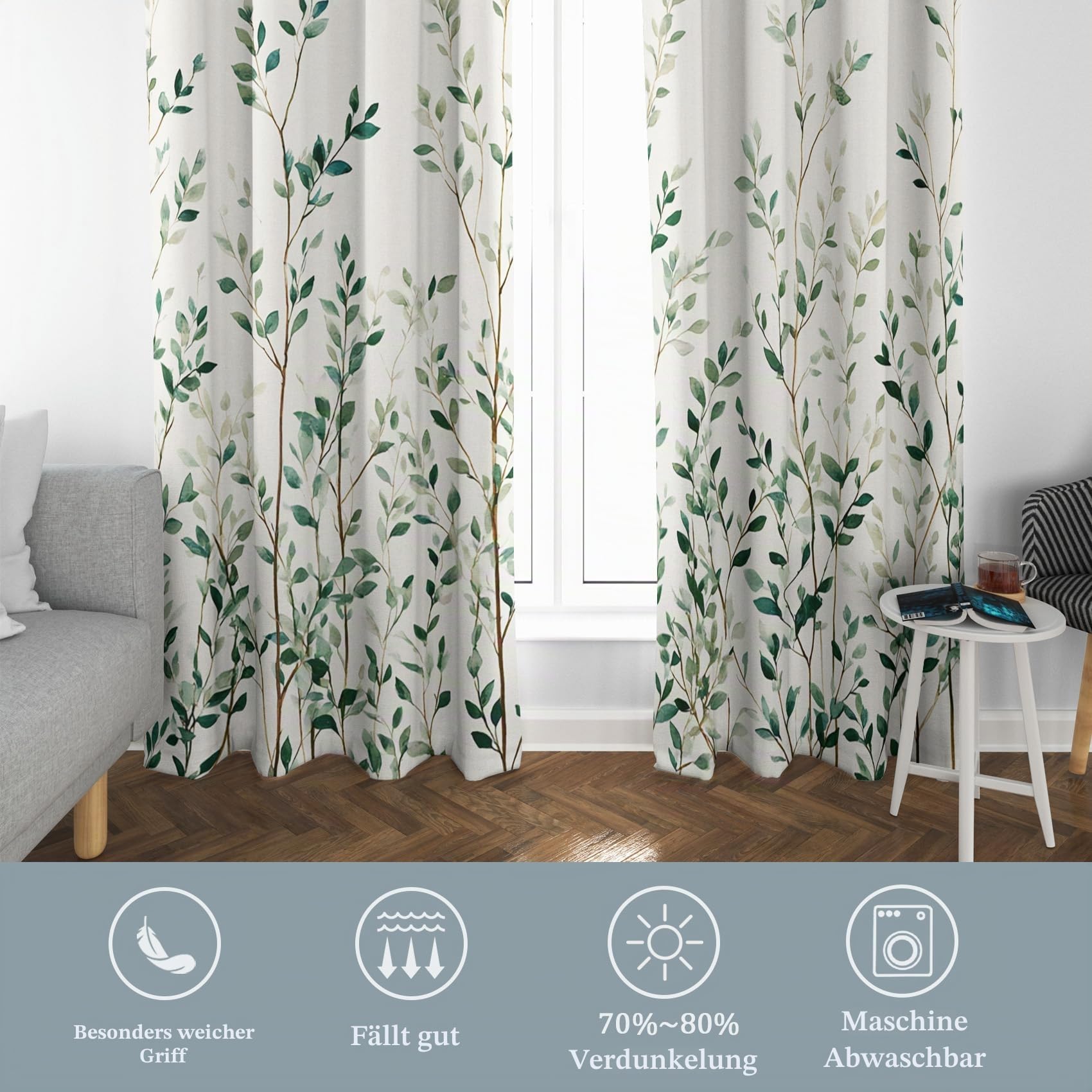 Generisch Blickdichte Vorhänge Weiß Grünes Blatt Muster, H 200 x B 140 2er Set - Pflanze Baum Fenster Gardinen mit Ösen, 200 cm Lang Curtains Wohnzimmer Schlafzimmer Deko JU160
