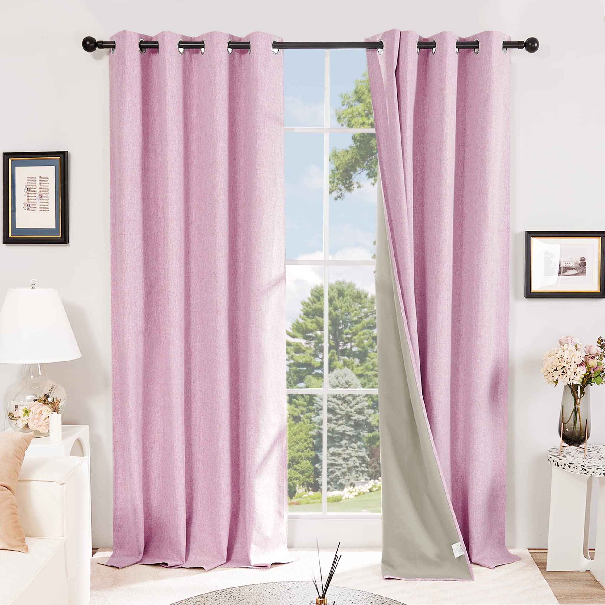 Deconovo Girls Pink Full Blackout Faux Linen Thermal Insulated Eyelet Curtains Kids Room Curtains For Bedroom W46 X L72 Inch One Pair