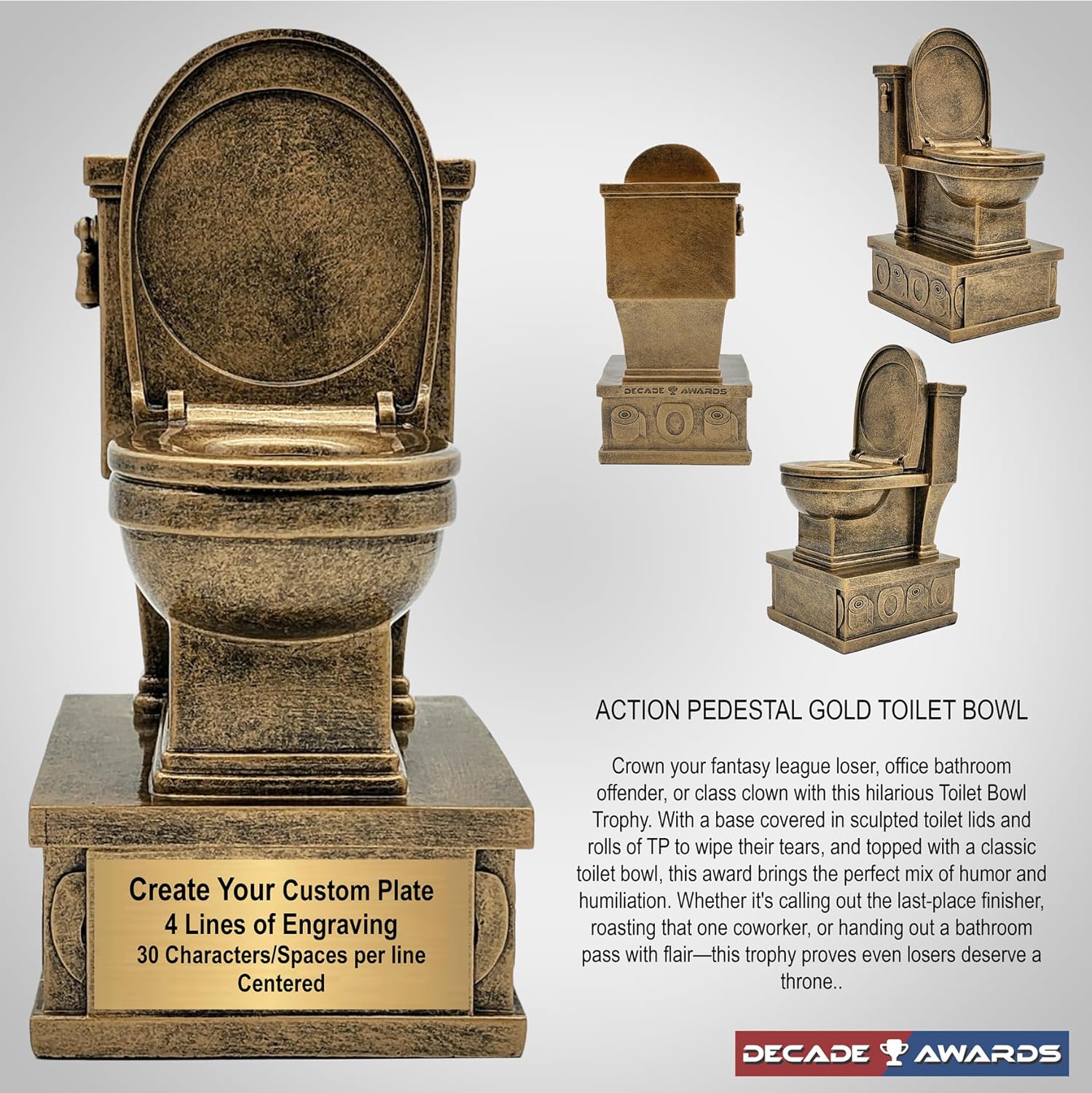 Action Pedestal Gold Toilet Bowl Trophy - Custom Engraved Last Place Award with Optional Lid Inserts - Customize Now (7 Inch)