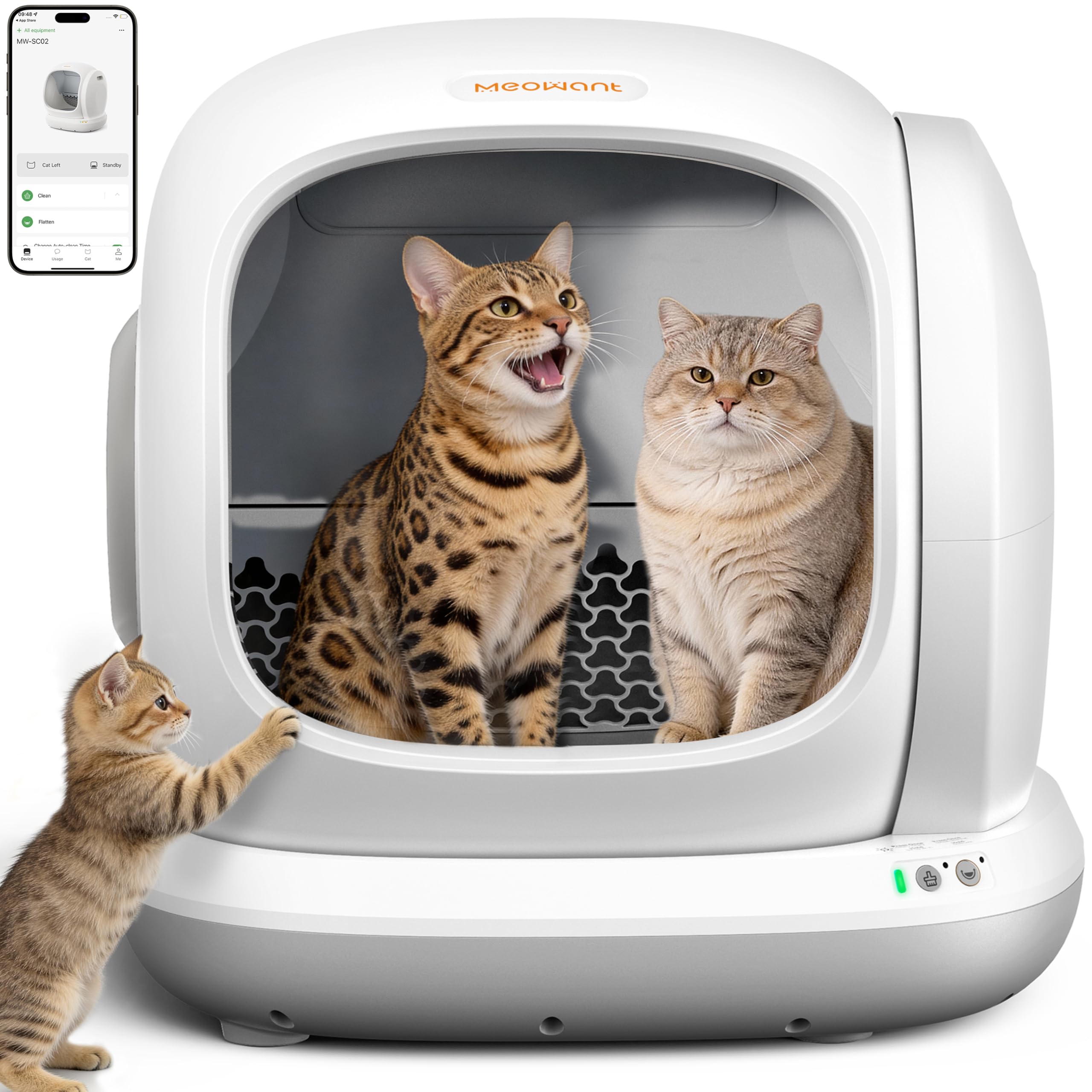 MeoWant Self-Cleaning Cat Litter Box, 75L Extra Large Open Automatic Cat Litter Box for Multi Cats, Integrated Safety Protection/APP Control/Odor Removal Smart Box with Mat & Liner (Gray)