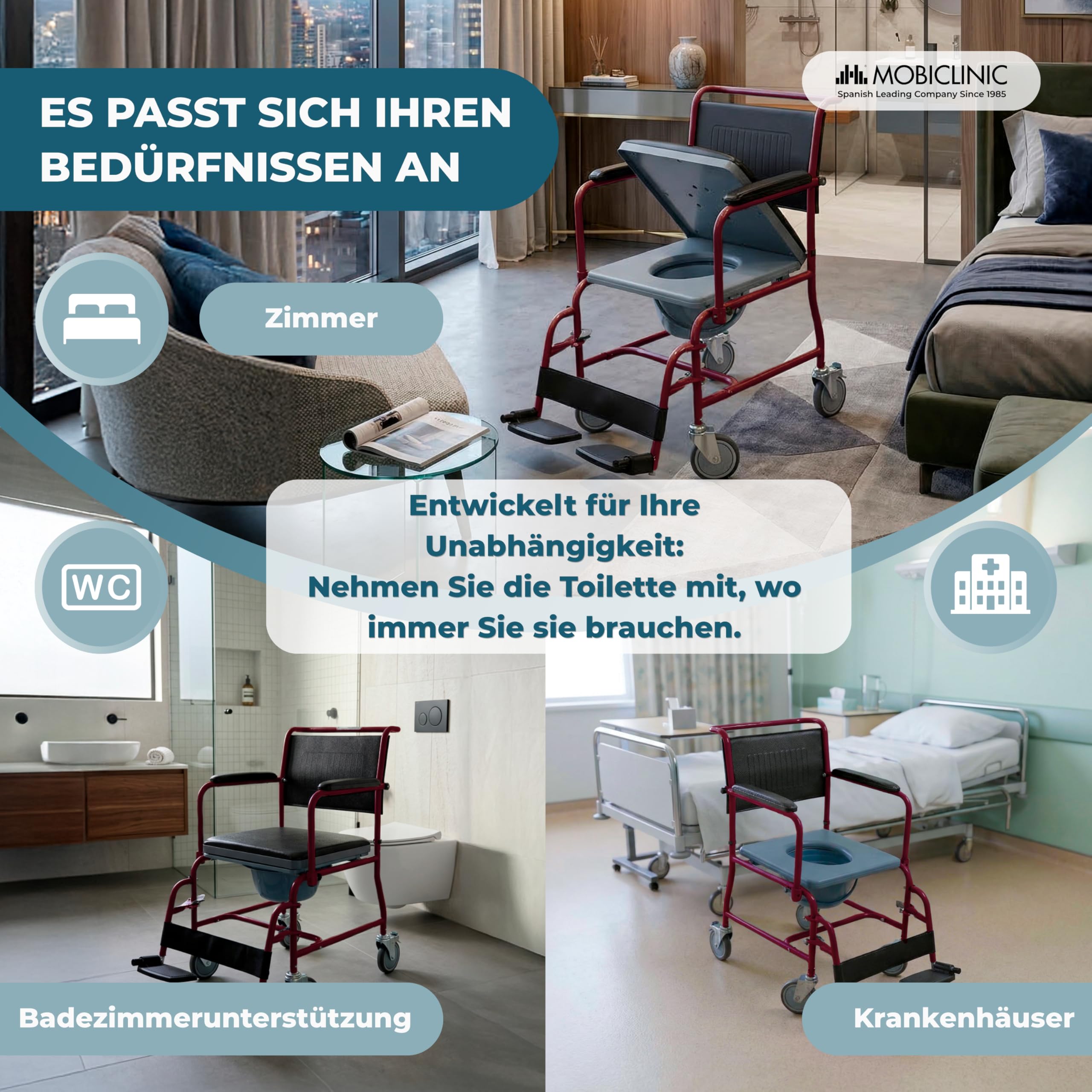 Mobiclinic, Toilettenstuhl mit rollen, Ancla, Europäische marke, Toilettensitz für ältere und behinderte, Wc sitz, Klappbare armlehnen, Abnehmbare fußstützen, Deckel, Bordeaux