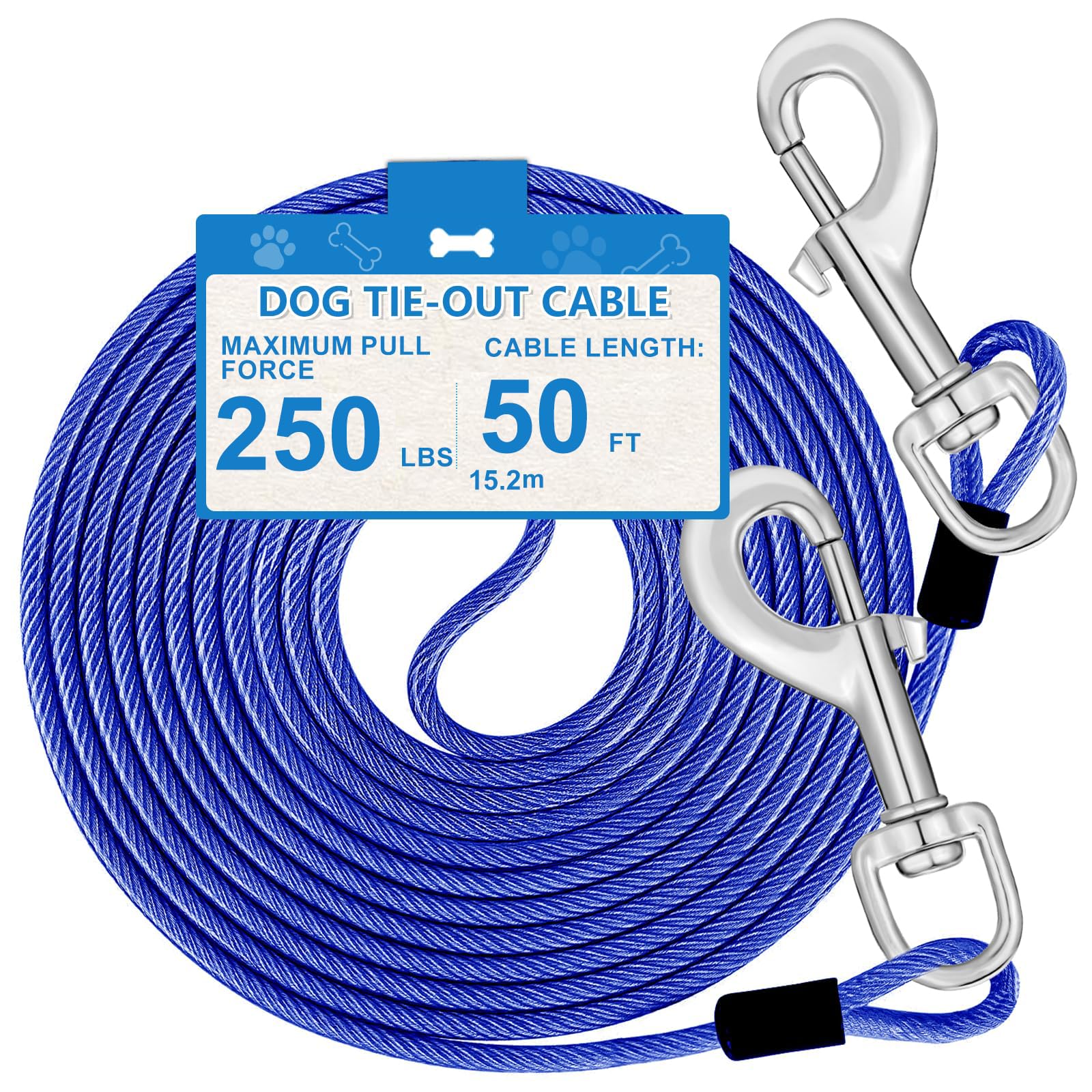 Guinzaglio per cani da 15,2 m, resistente, per cani di taglia grande fino a 113,4 kg, corridore per cani da cortile all'aperto e campeggio, super blu
