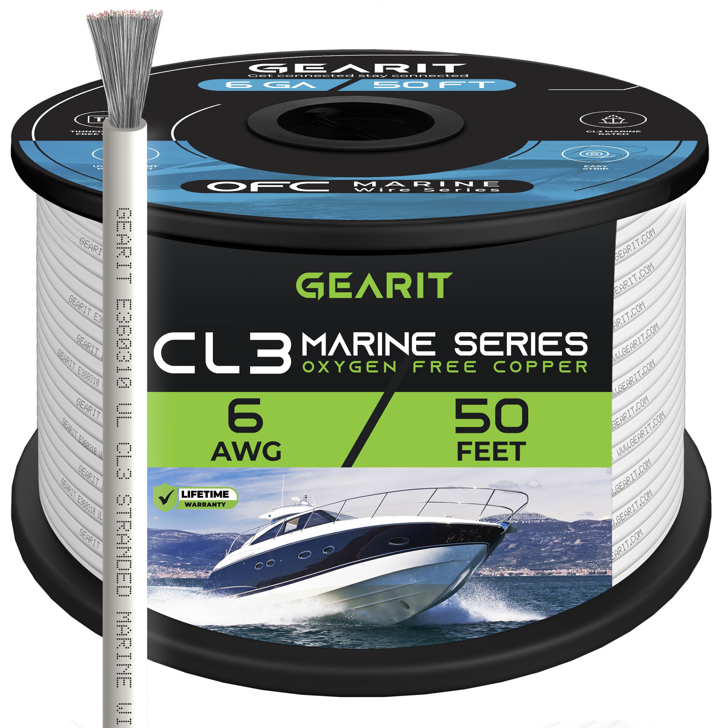 GEARit 6 Gauge Marine Wire (50ft) 6 AWG Primary Wire Cable, Tinned Oxygen-Free Copper OFC - Boat/Marine/Automotive/RV/Camper/Trailer/Solar/Outdoor - White 50 Feet