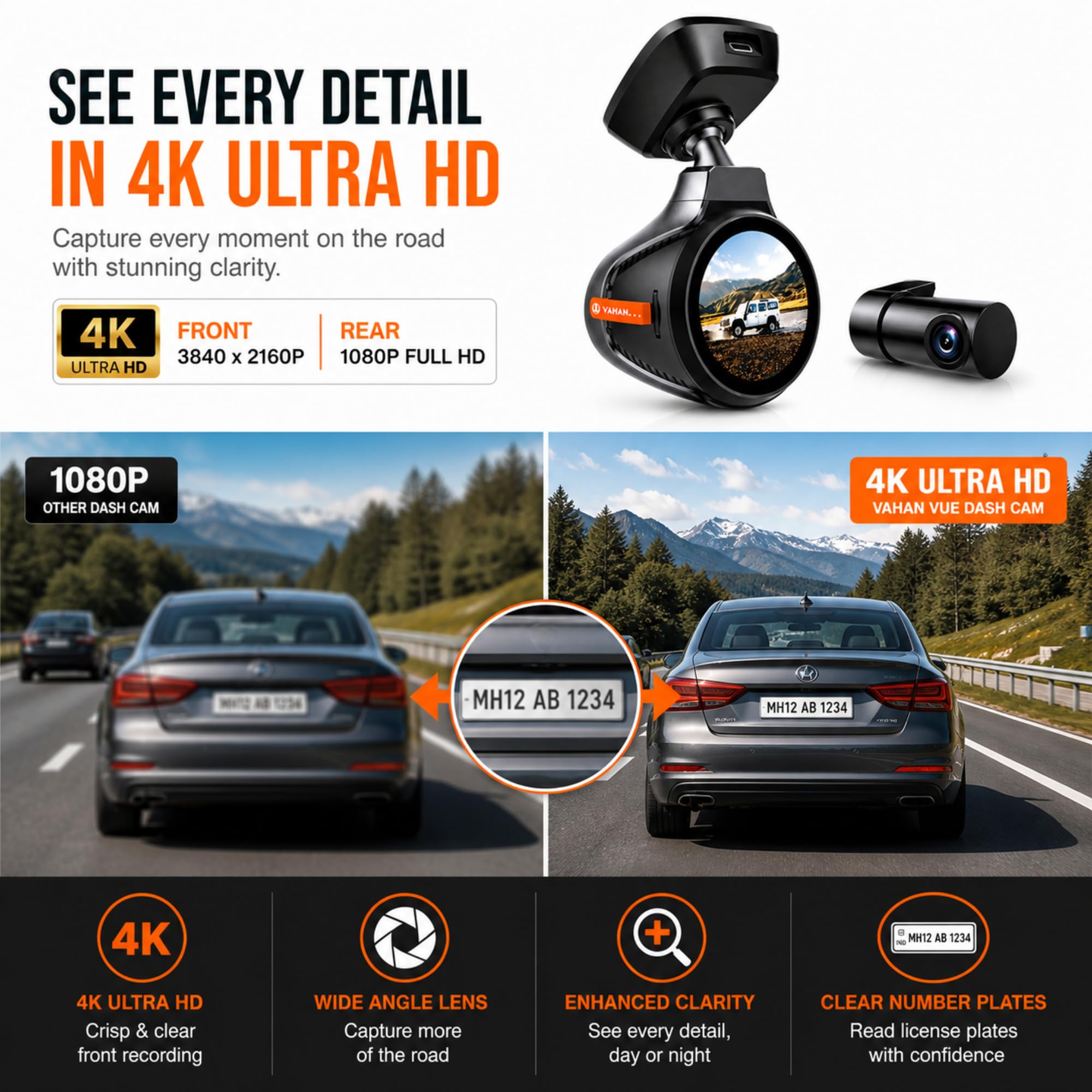 Dash Cam for Car Front and Rear | VAHAN | 4K Front + FHD Rear | Built-in GPS & WiFi | STARVIS Night Vision | WDR | 24H Parking Monitor | G-Sensor | Loop Recording | 140Β° Wide Angle | 64GB Included