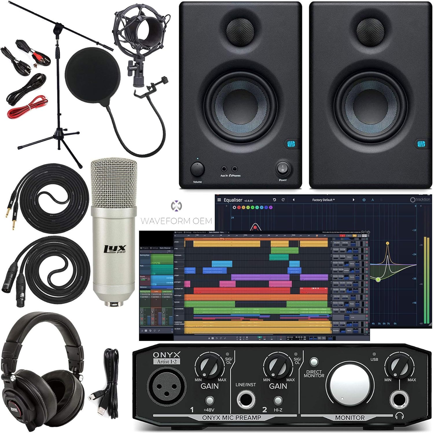 Mackie Onyx Artist 1-2 Interfaz de audio con paquete de software de producción musical, Eris 3.5 pares de monitores de estudio, micrófono de estudio condensador, XLR, auriculares, soporte de micrófono Colombia