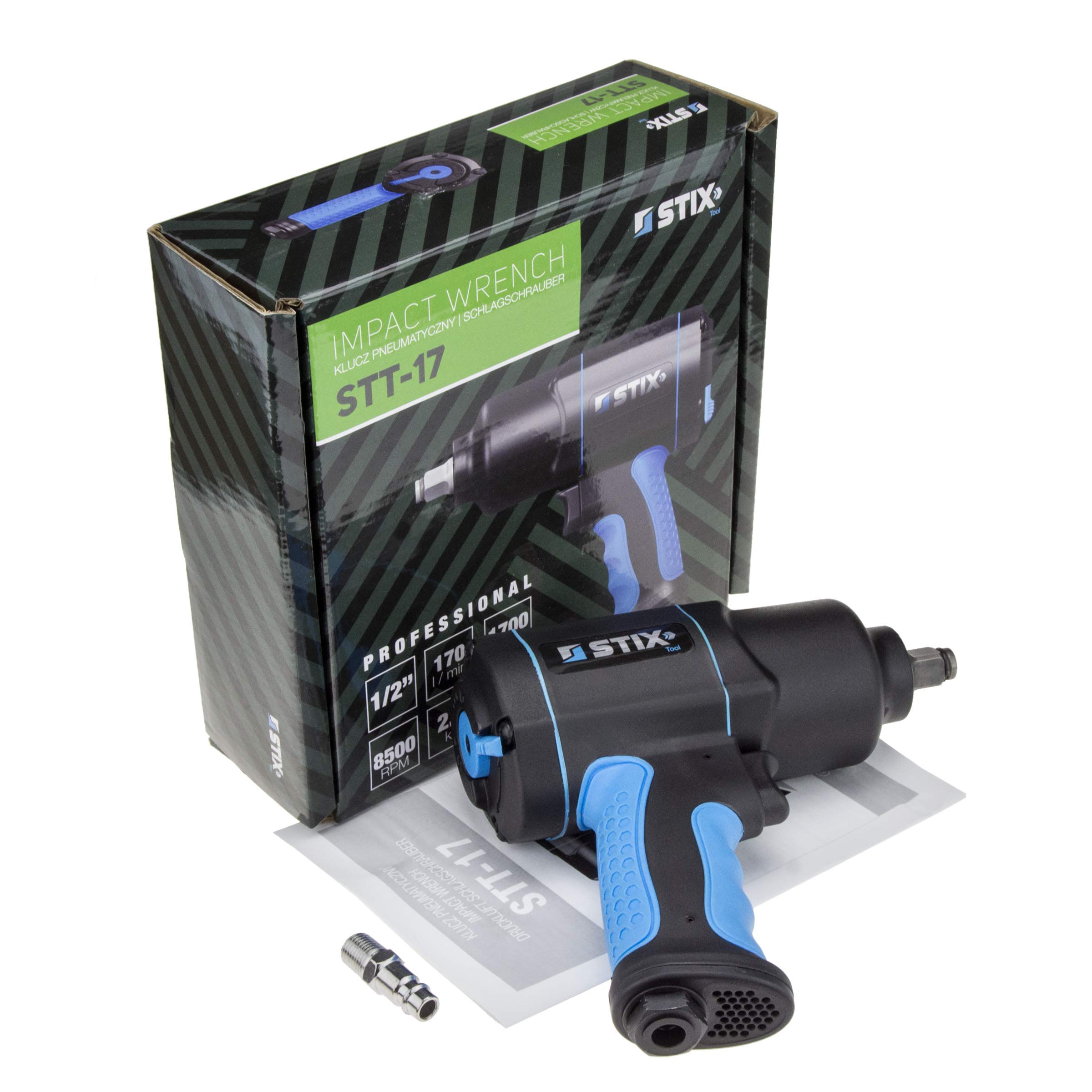 Stix STT-17 pneumatyczna wkrętarka udarowa 1700 Nm 1/2 cala z podwójnym młotkiem i wężem spiralnym PU 12 x 8 mm 10 m do elastycznych zastosowań sprężonego powietrza